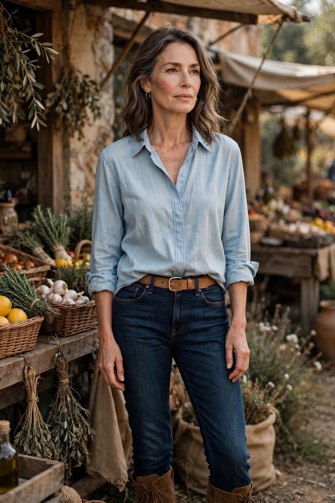 Woman over 50 in a chambray shirt, dark jeans and brown ankle boots at a rustic market