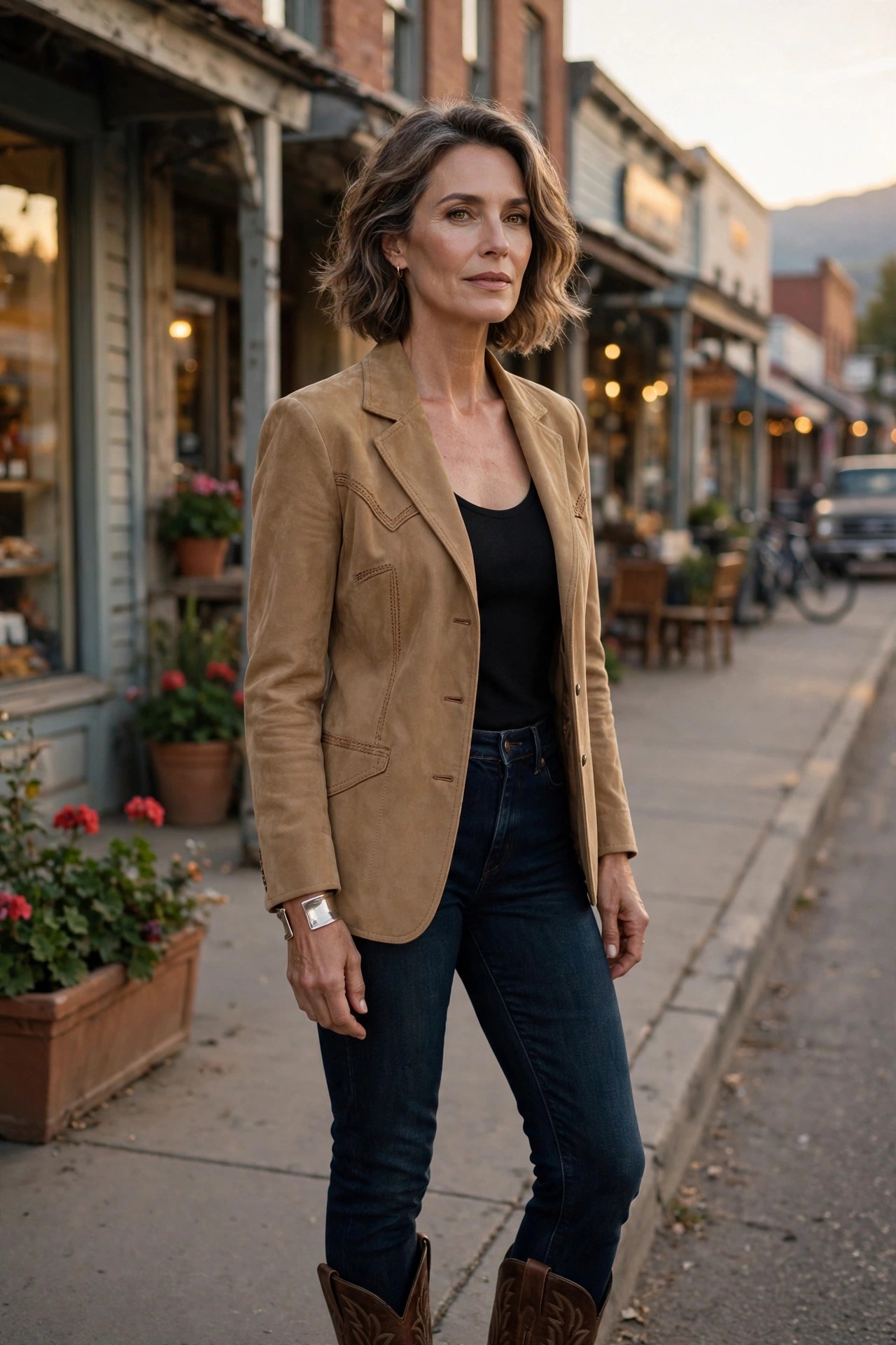 Mature woman in a tan suede western blazer over a black top with dark jeans at golden hour