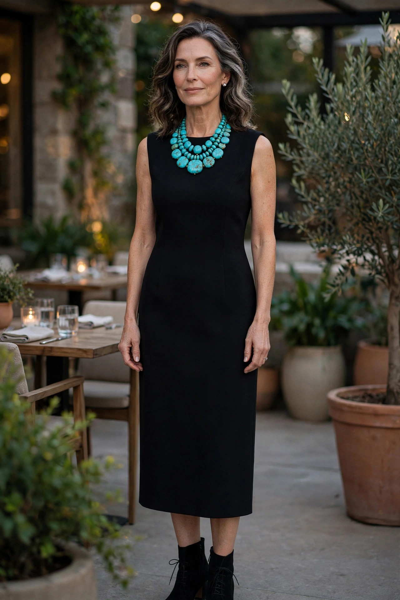 Stylish woman over 50 in a black midi dress with a large turquoise necklace on a patio