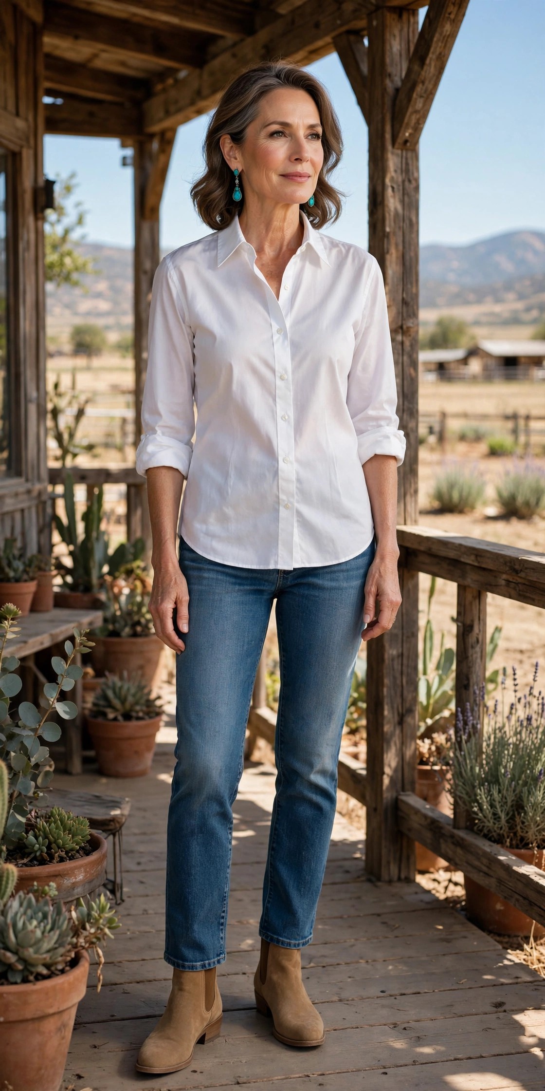 Woman in her 50s in a white shirt and jeans with turquoise drop earrings on a ranch porch