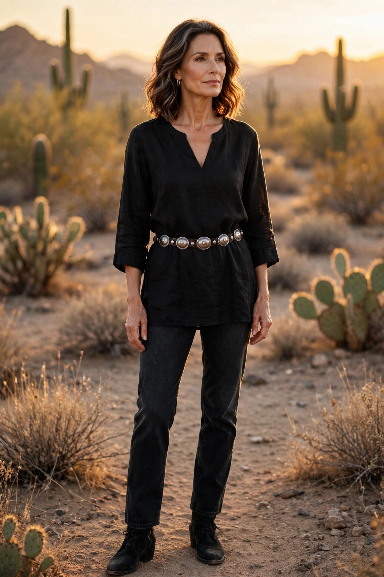 Woman over 50 in a black tunic, dark jeans and a silver concho belt in the desert