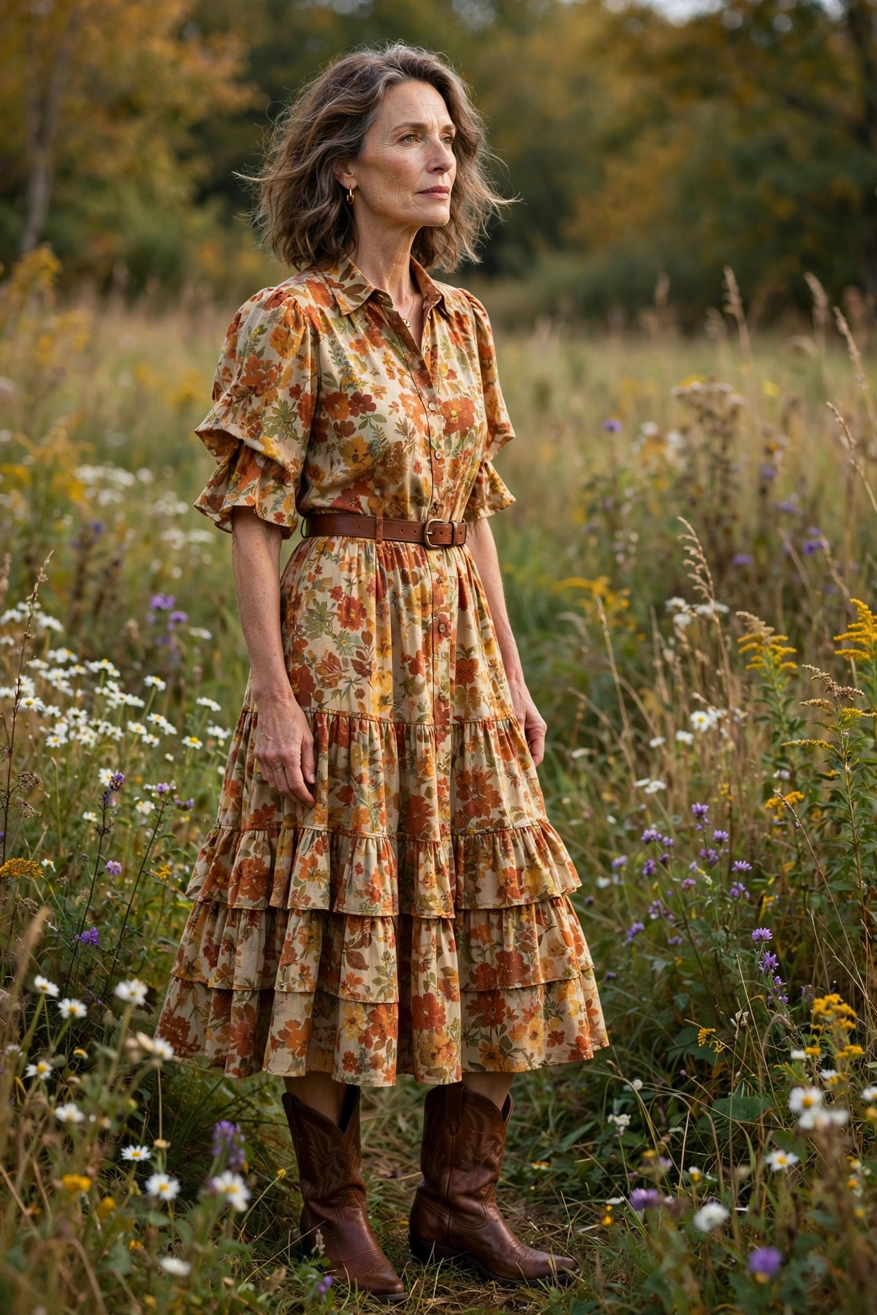 Elegant woman in her 50s in a floral prairie midi dress with brown cowboy boots in a meadow