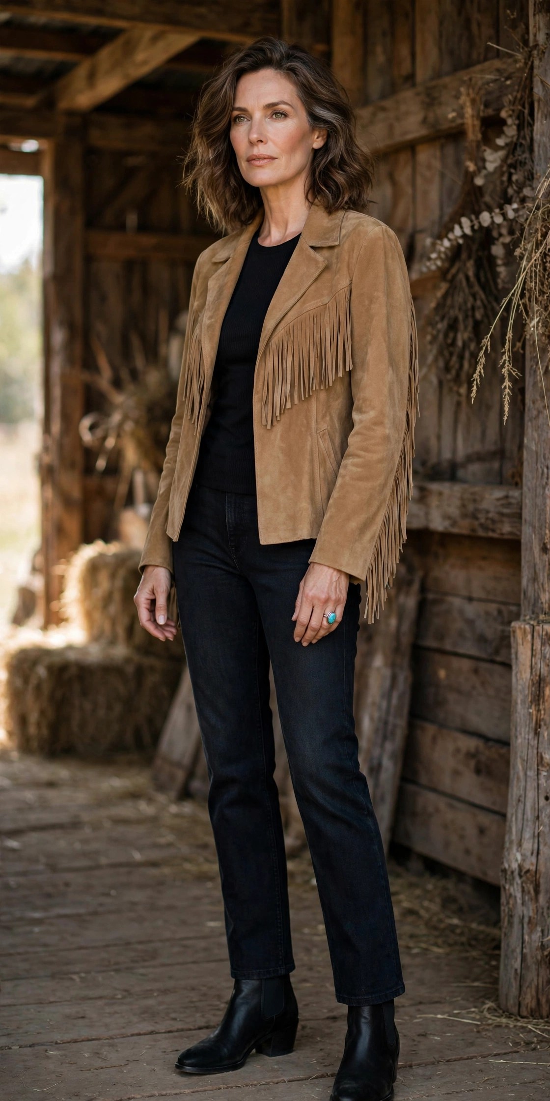 Mature woman in a tan suede fringe jacket over a black top and dark jeans at a barn