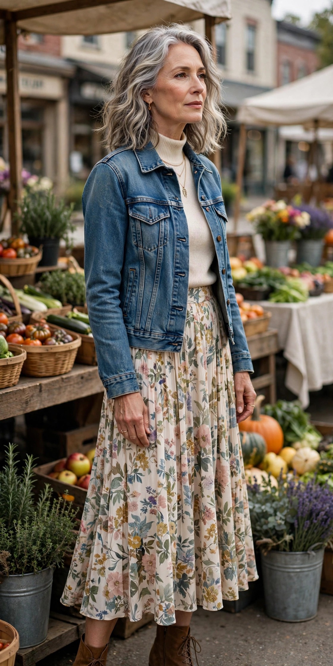 Woman over 50 in a denim jacket over a floral midi skirt with brown boots at a market