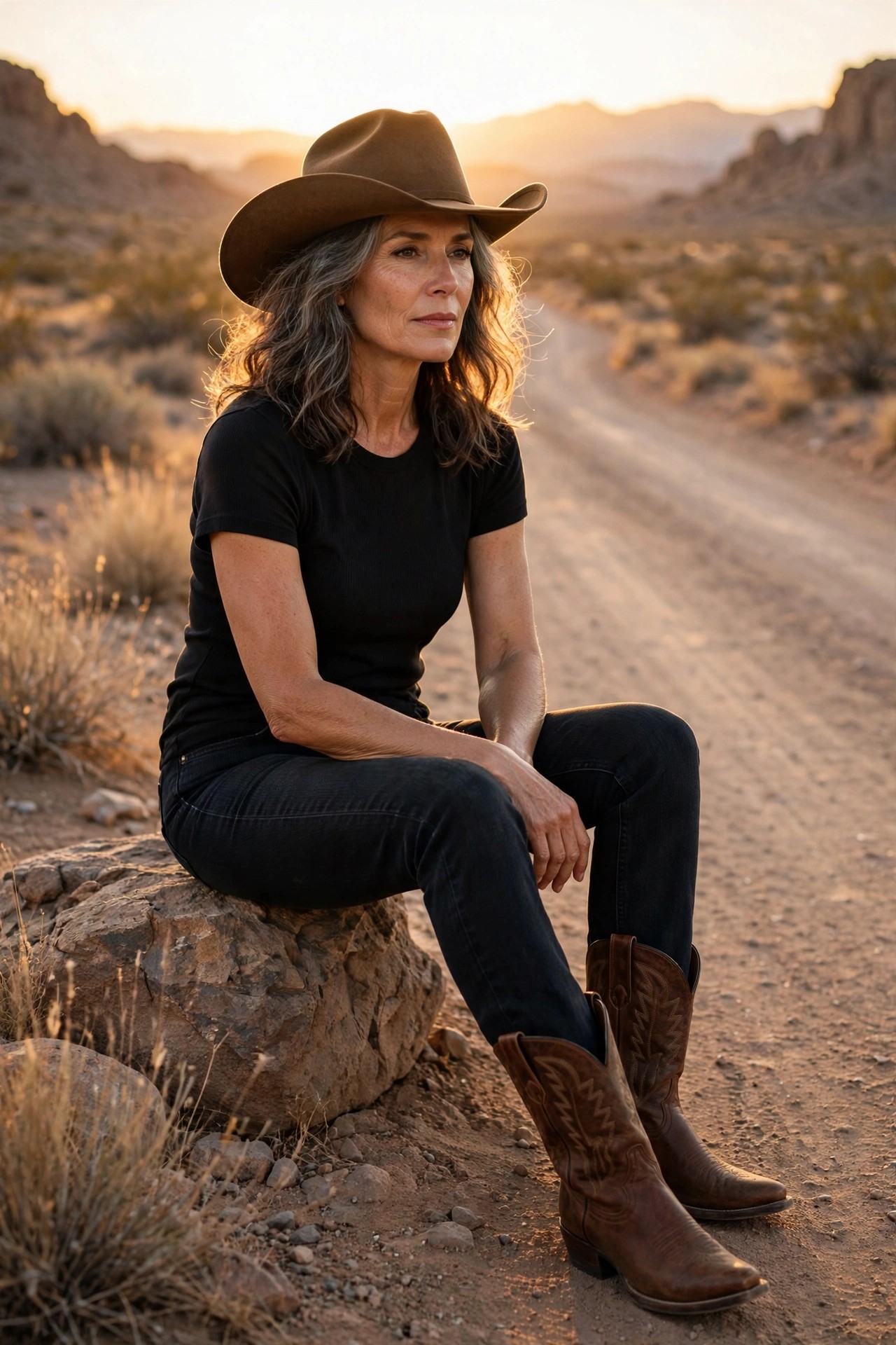 Stylish woman in her 50s in a brown felt western hat, black top and jeans on a desert road
