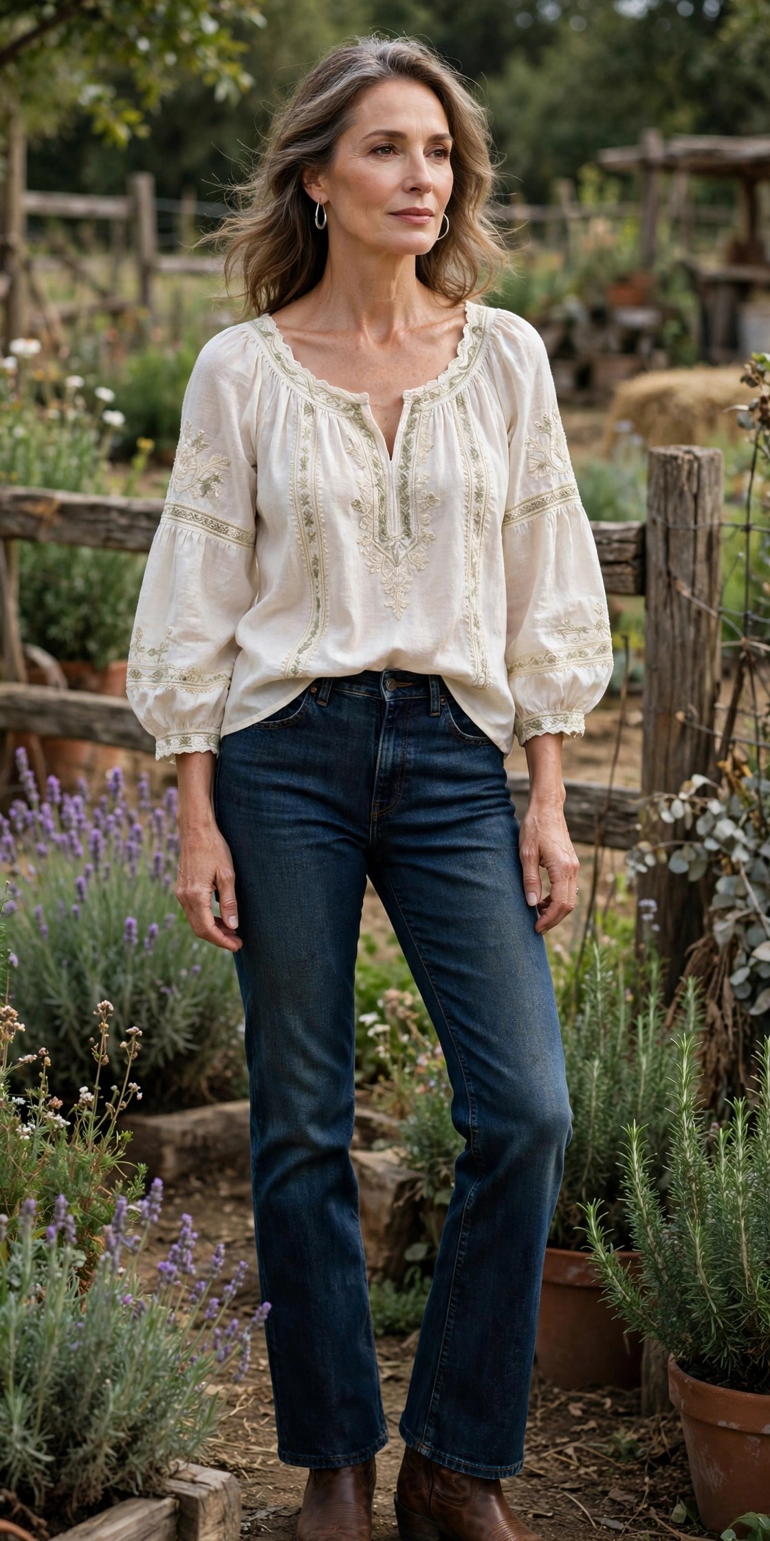 Woman in her 50s in dark bootcut jeans with an ivory embroidered peasant top in a garden