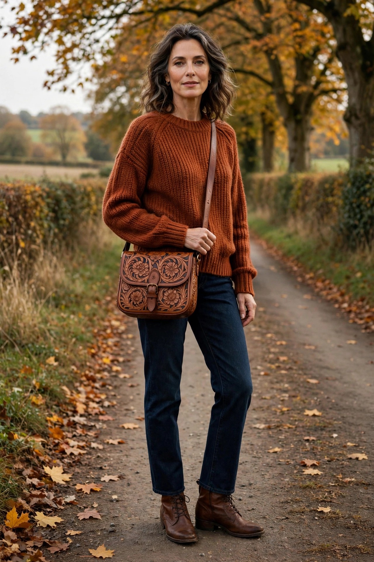 Elegant woman over 50 in a rust sweater and dark jeans with a tooled leather bag on a country lane