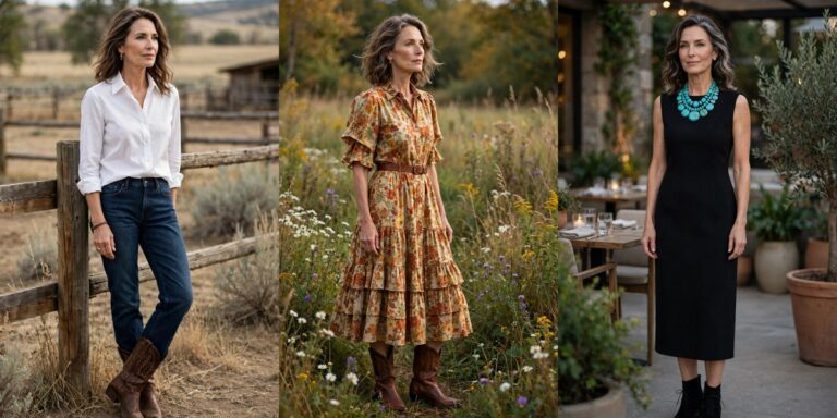 Western style outfits for women over 50: cowboy boots, prairie dress and turquoise necklace looks