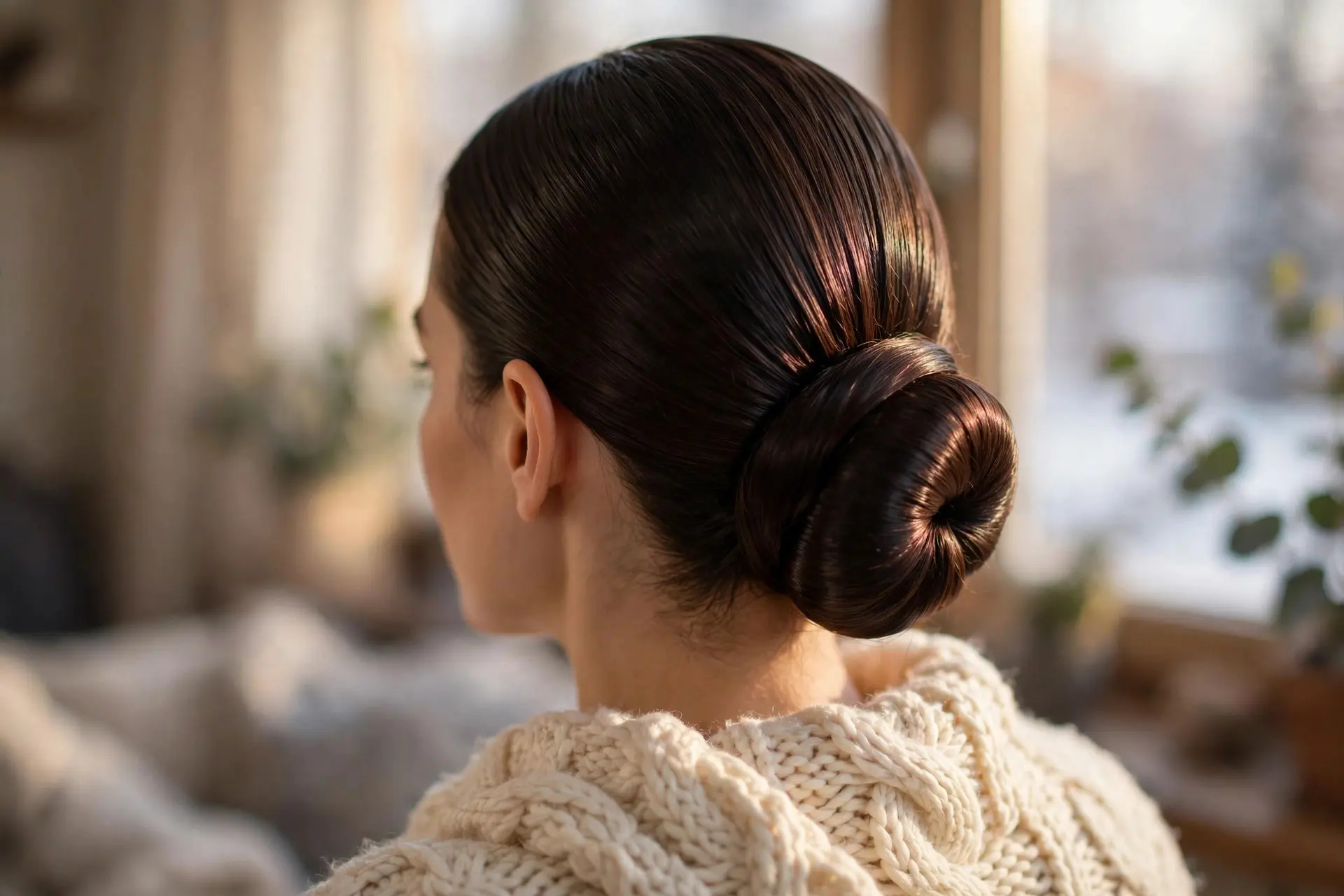 Back view of a sleek low bun in glossy dark brown hair at the nape of the neck, worn with a cream cable-knit sweater
