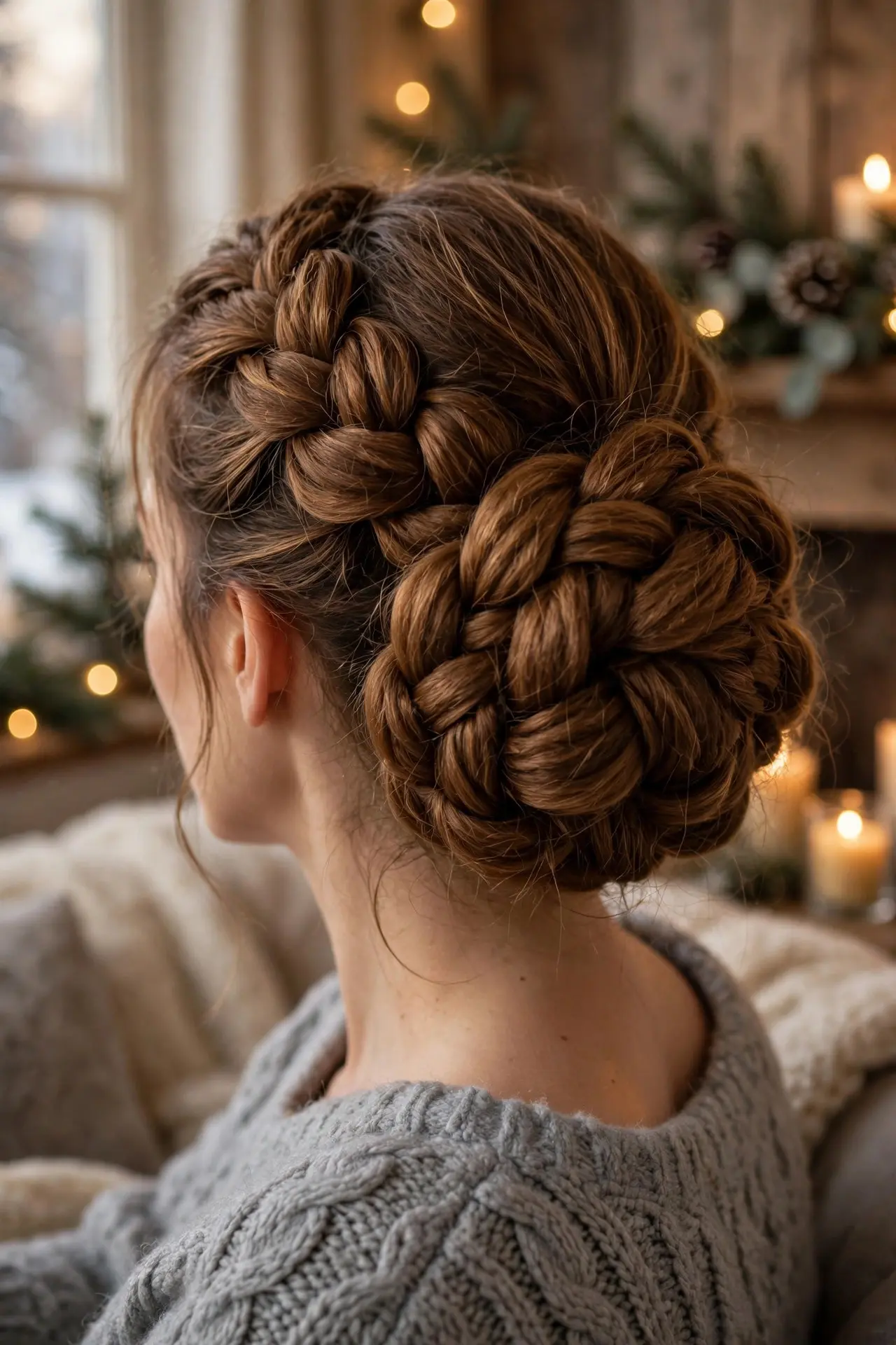 Chunky braided updo with a thick braid coiled into a large bun in warm medium-brown hair, worn with a grey knit sweater