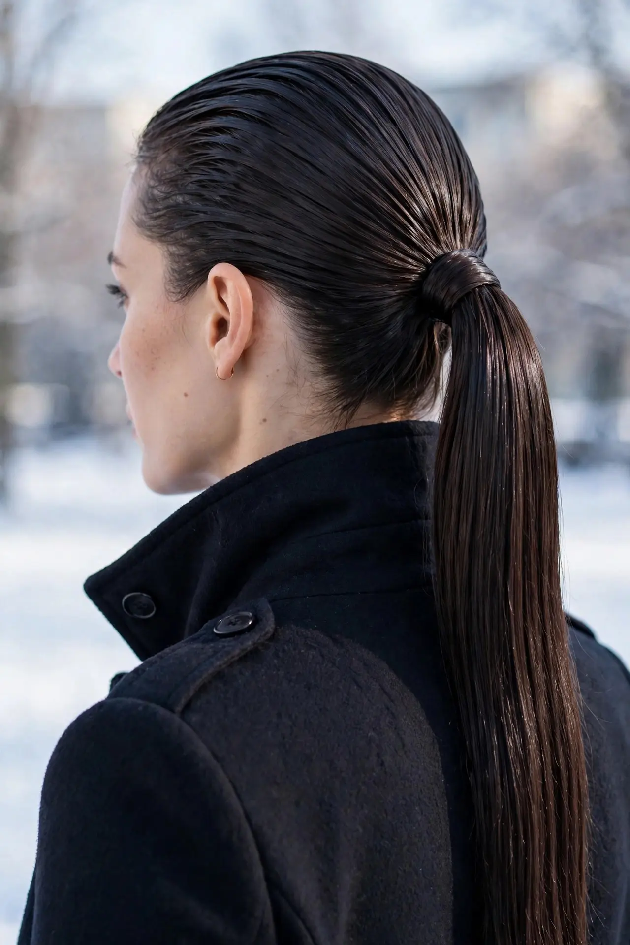 Sleek slicked-back ponytail in dark brown hair with a smooth polished finish, worn with a black winter coat outdoors in the snow