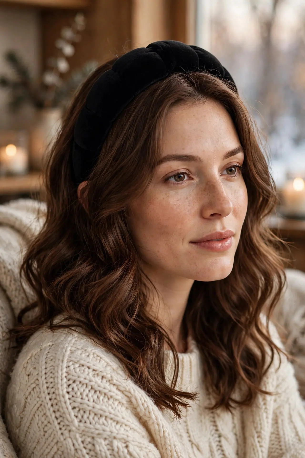 Soft waves in chestnut brown hair worn with a wide black velvet padded headband, with a cream knit sweater