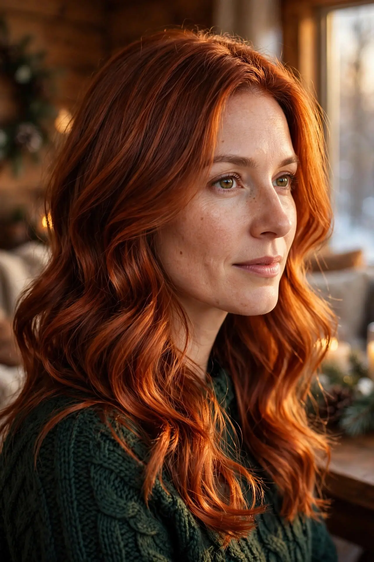 Long soft waves in rich copper and auburn hair color glowing in warm winter light, worn with a dark green knit sweater