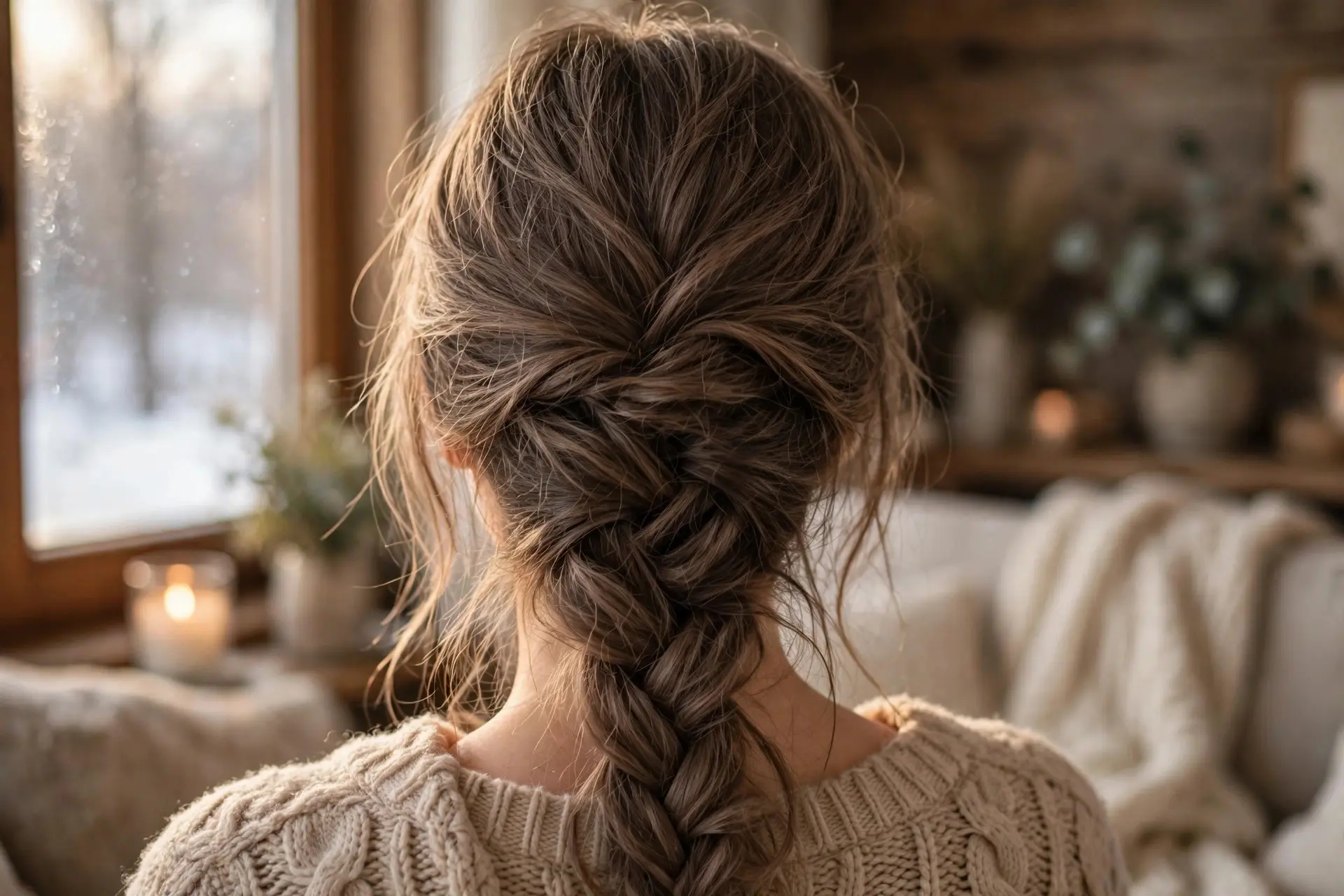 Loose French braid in ash-brown hair running down the back with soft escaping strands, worn with a beige knit sweater