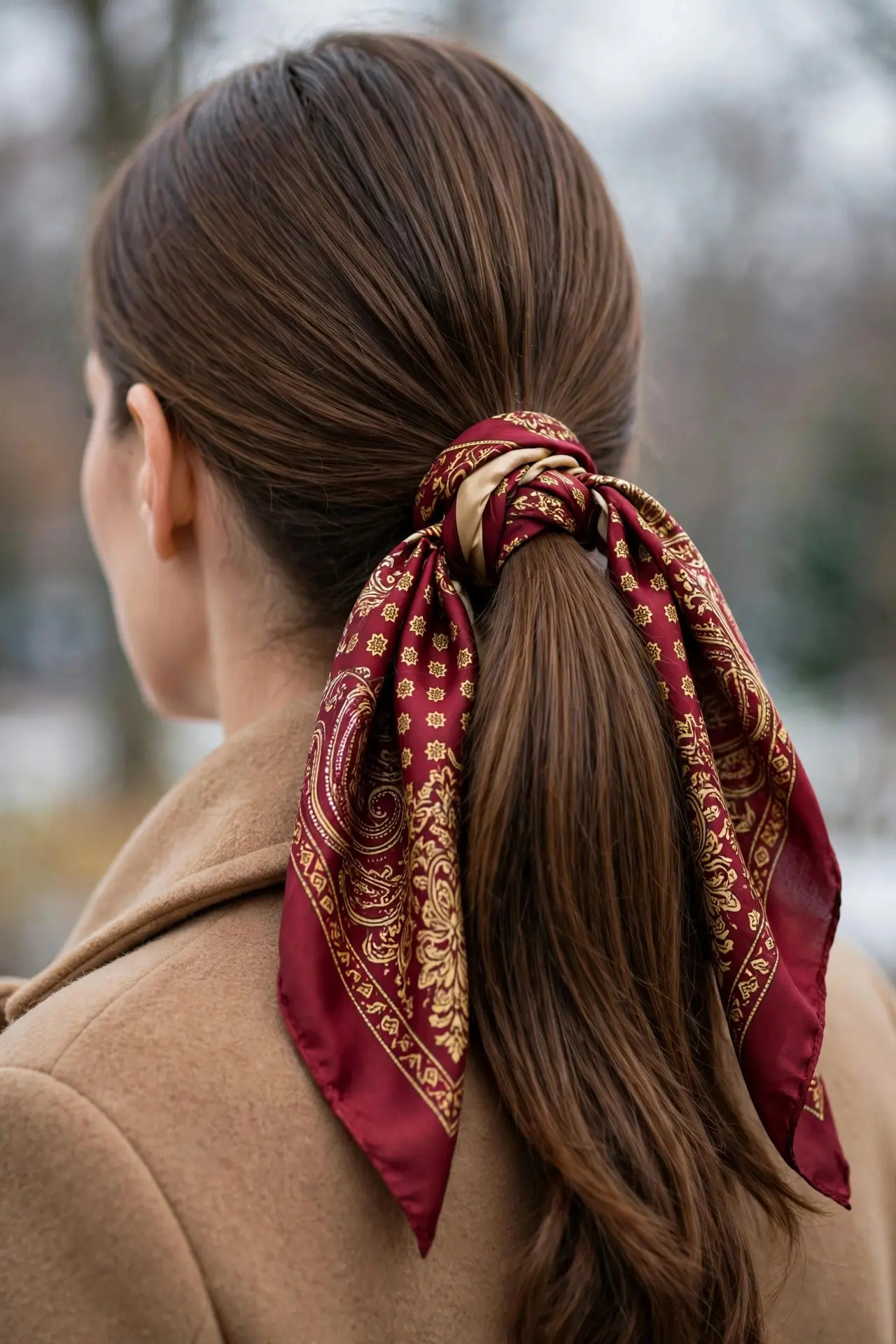Low ponytail in smooth medium-brown hair tied with a burgundy and gold patterned silk scarf, worn with a camel winter coat