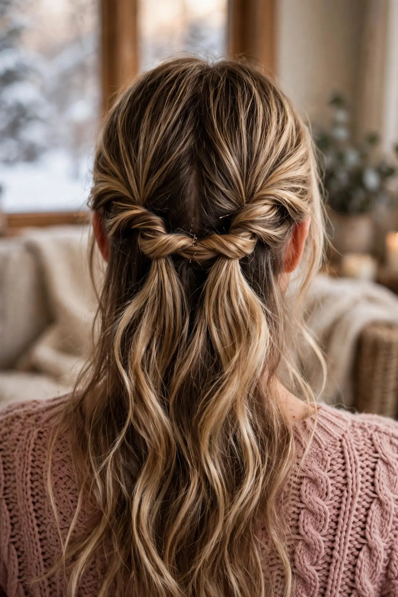 Twisted half-up hairstyle with two rope twists meeting at the back of the head and loose waves below, in dark blonde highlighted hair
