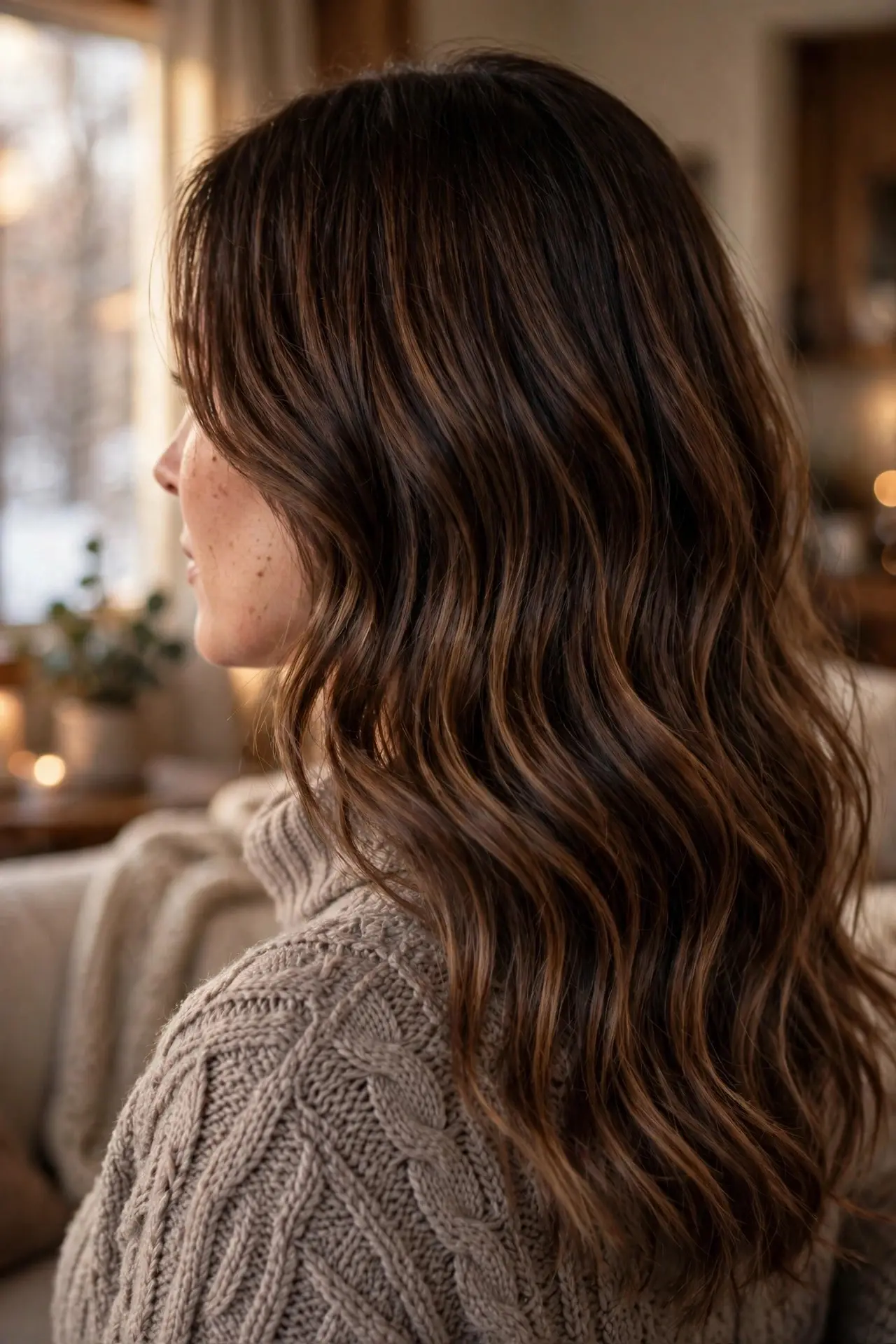 Rich chocolate balayage with dark brown roots melting into warm chocolate tones through long soft waves
