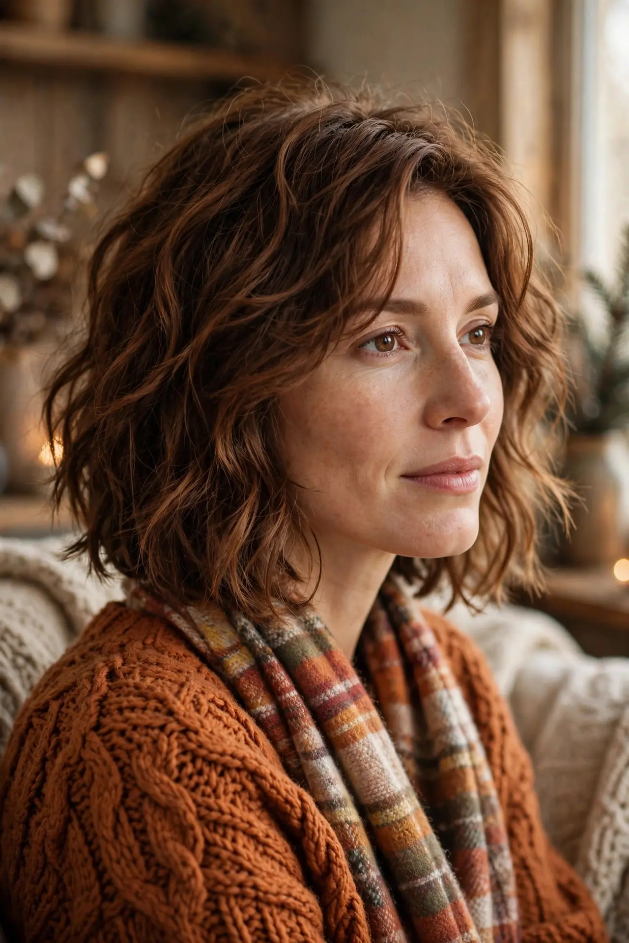 Cozy textured lob haircut with piece-y tousled waves in warm chestnut brown hair, worn with a rust knit sweater and plaid scarf