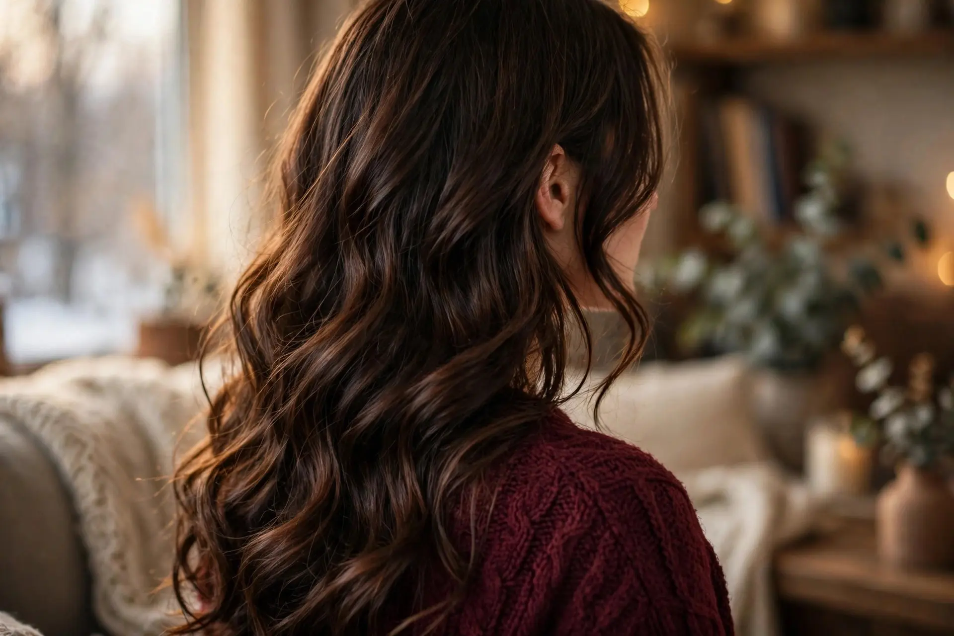Long soft waves in rich deep brunette hair falling past the shoulders, worn with a burgundy knit sweater