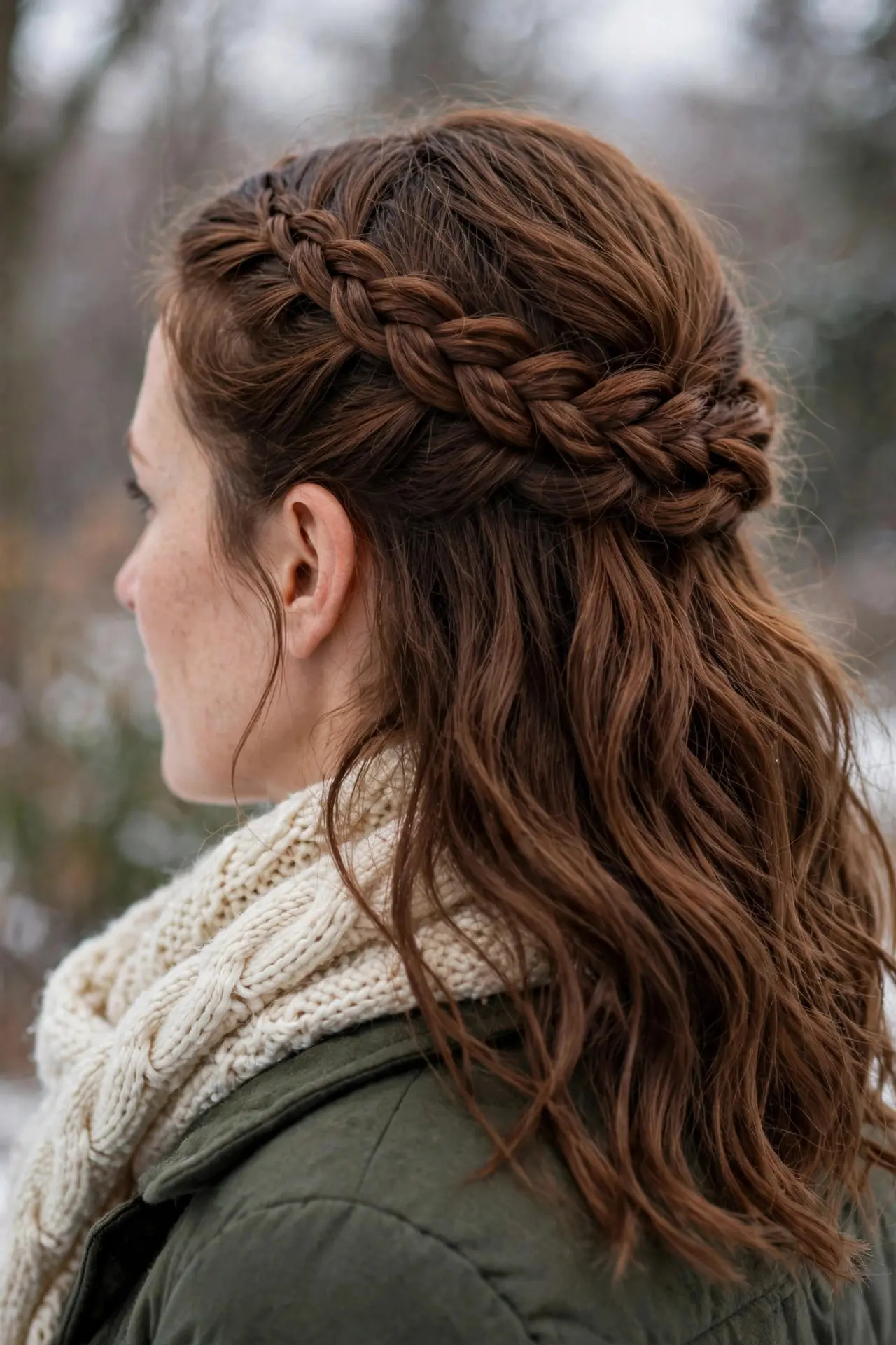 Side view of a braided half-up hairstyle with a chunky crown braid and loose chestnut waves flowing below, worn with a cream knitted scarf and winter coat