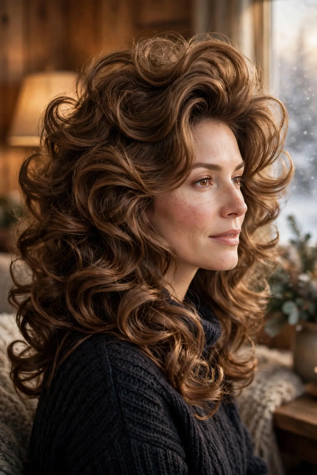 Voluminous blowout with big bouncy curls in warm medium-brown hair, worn with a dark knit sweater