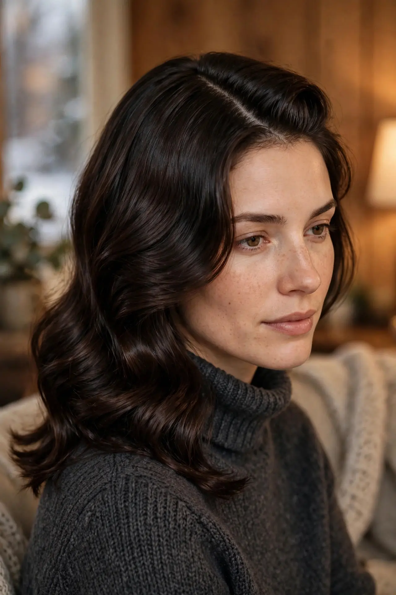 Deep side part with polished soft waves in dark brunette hair, worn with a charcoal turtleneck sweater