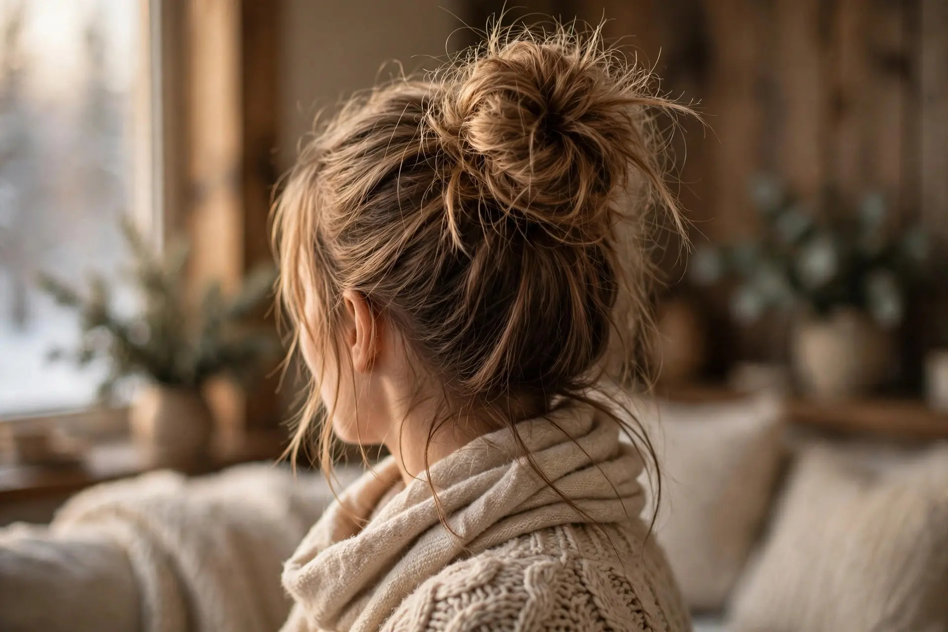 Textured top knot bun in light brown hair with loose strands at the nape, worn with a cream knit sweater and soft scarf