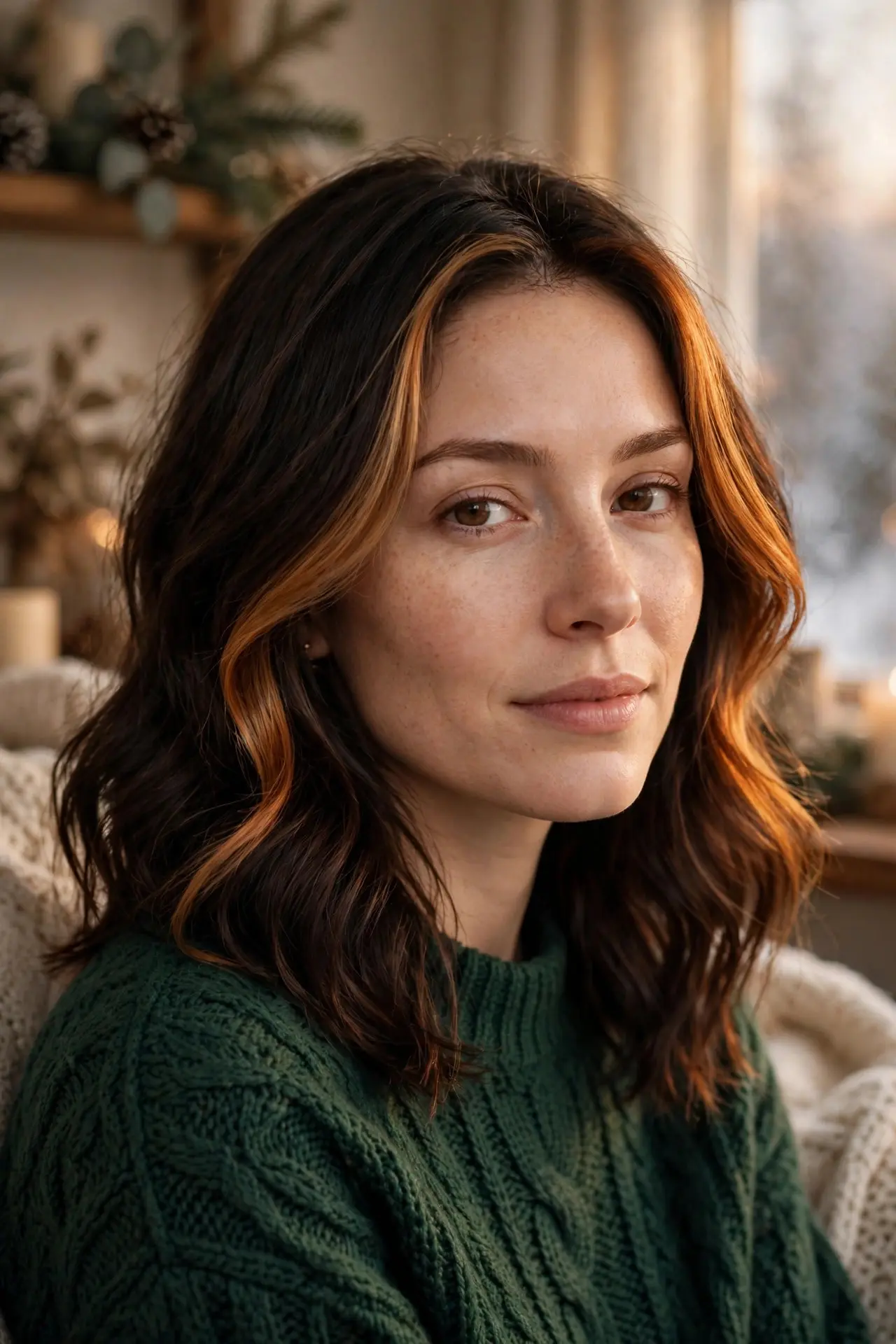 Warm caramel and copper face-framing highlights on dark brunette hair in soft waves, worn with a deep green knit sweater