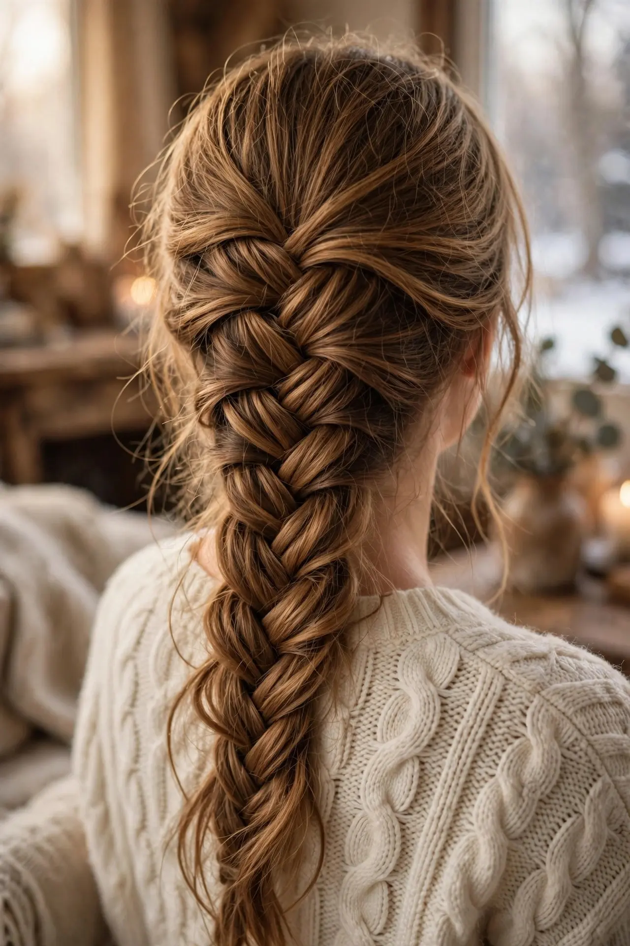 Long fishtail braid with a detailed herringbone weave in honey-brown hair down the back, worn with a cream cable-knit sweater