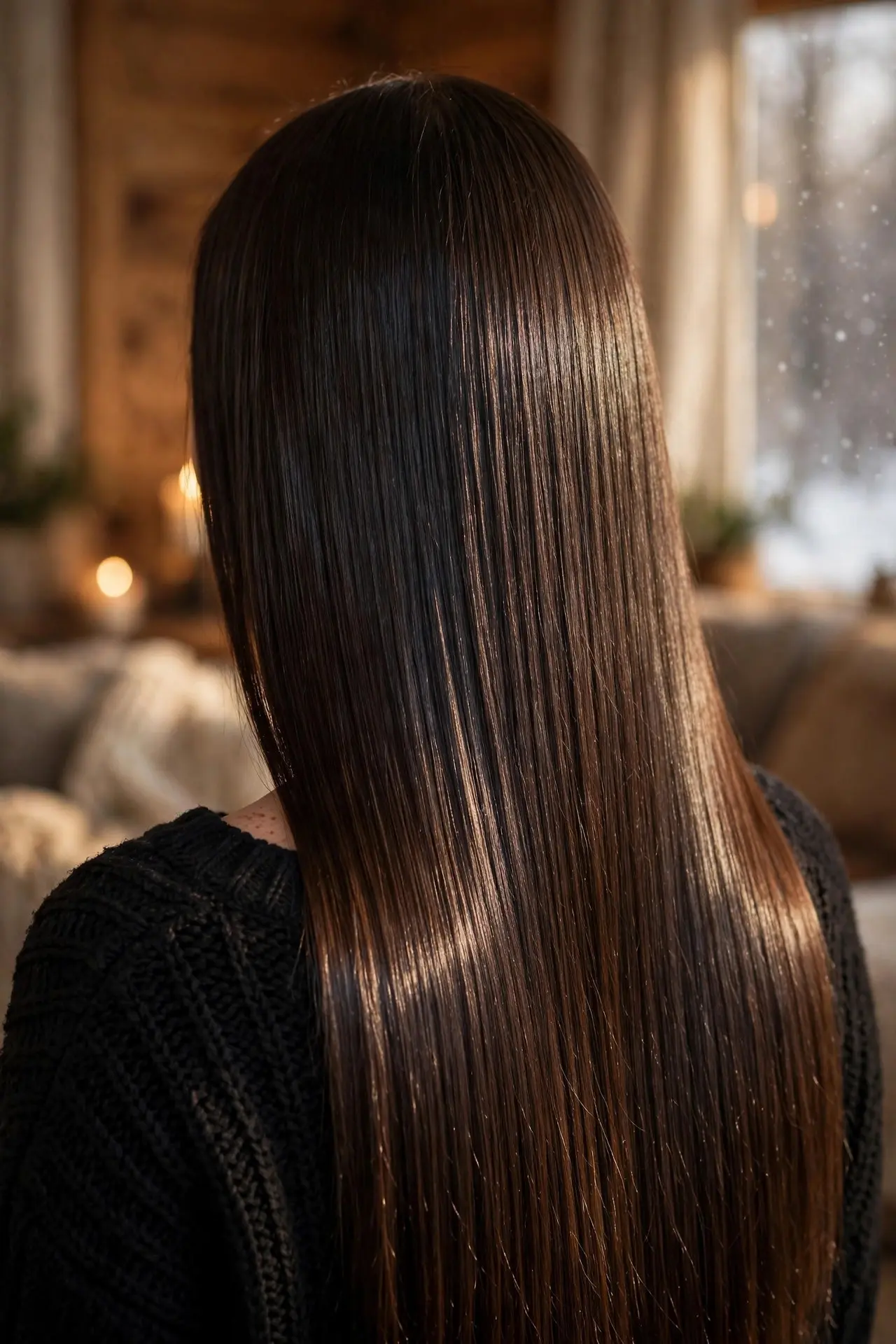 Very long pin-straight hair with a mirror-gloss finish in dark espresso brown, worn with a black knit sweater