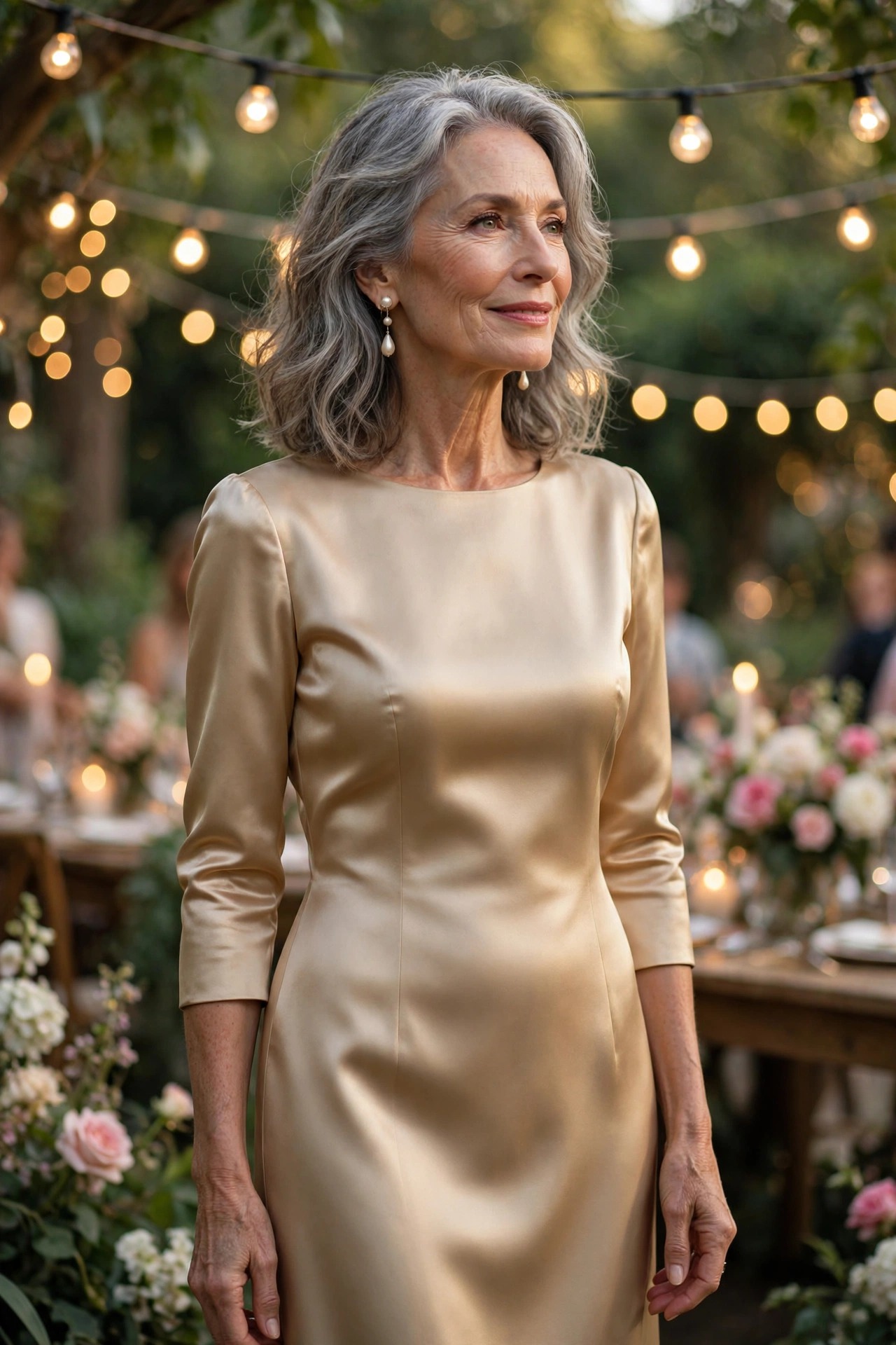 Woman in her 60s wearing a champagne satin midi dress at a garden birthday party