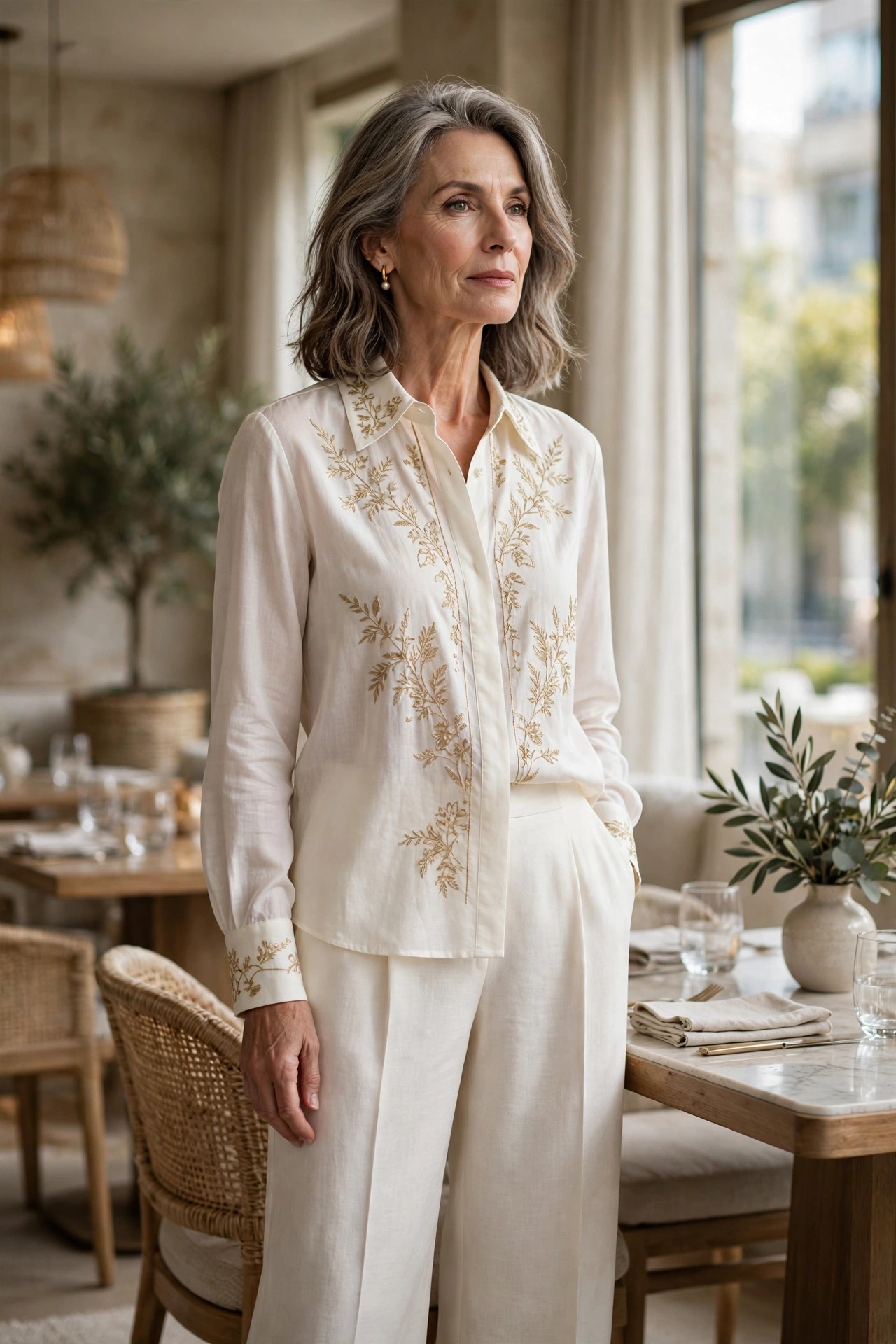 Woman in her 60s in an ivory gold-embroidered blouse and wide-leg trousers