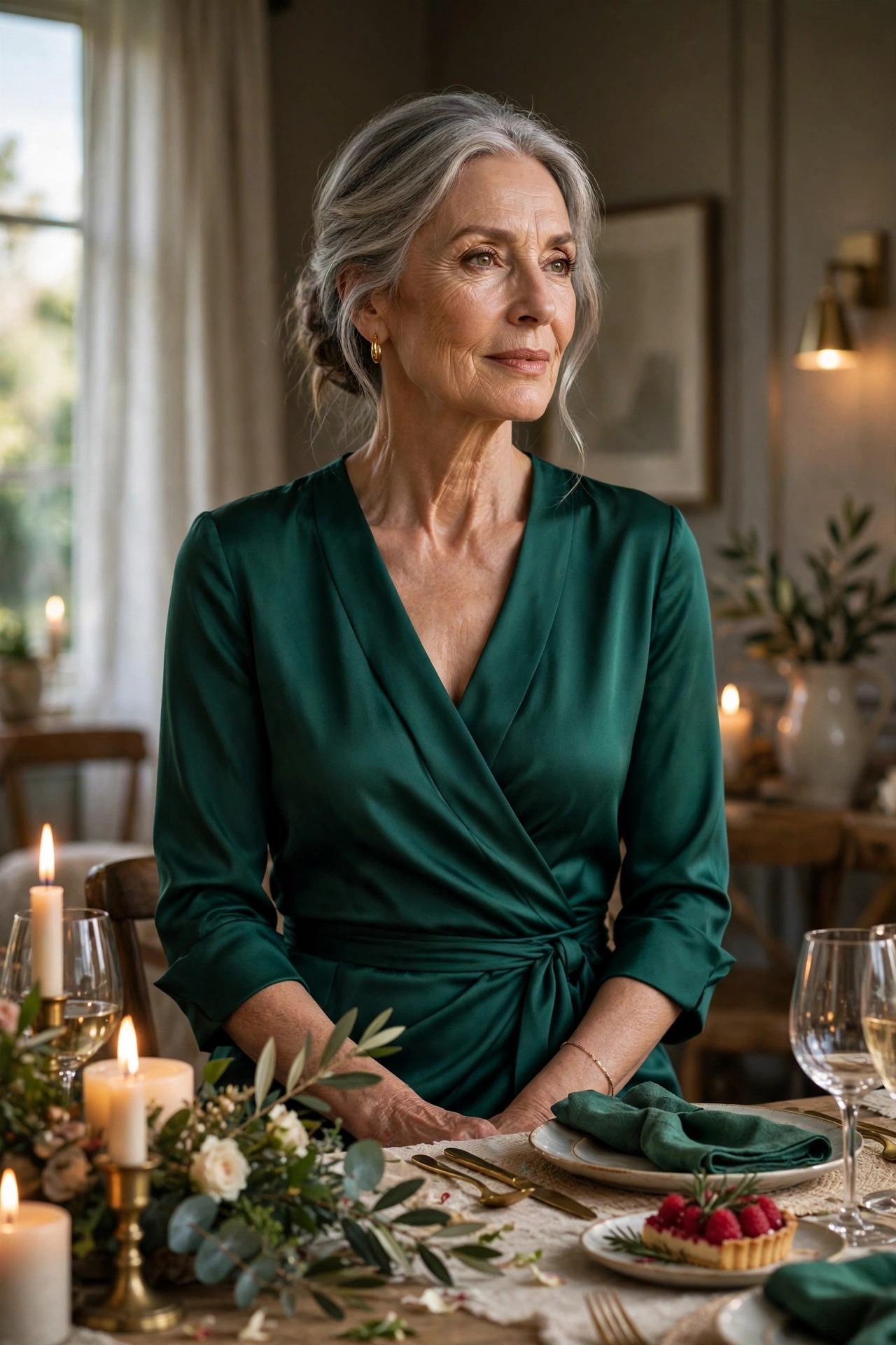 Woman in her 60s wearing an emerald green silk wrap dress at a candlelit dinner