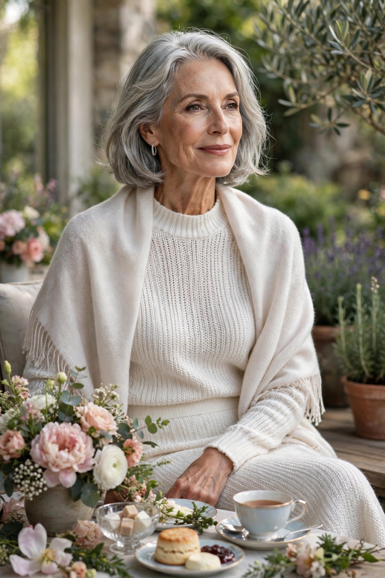 Woman in her 70s in a pearl-white knit top and matching midi skirt at afternoon tea