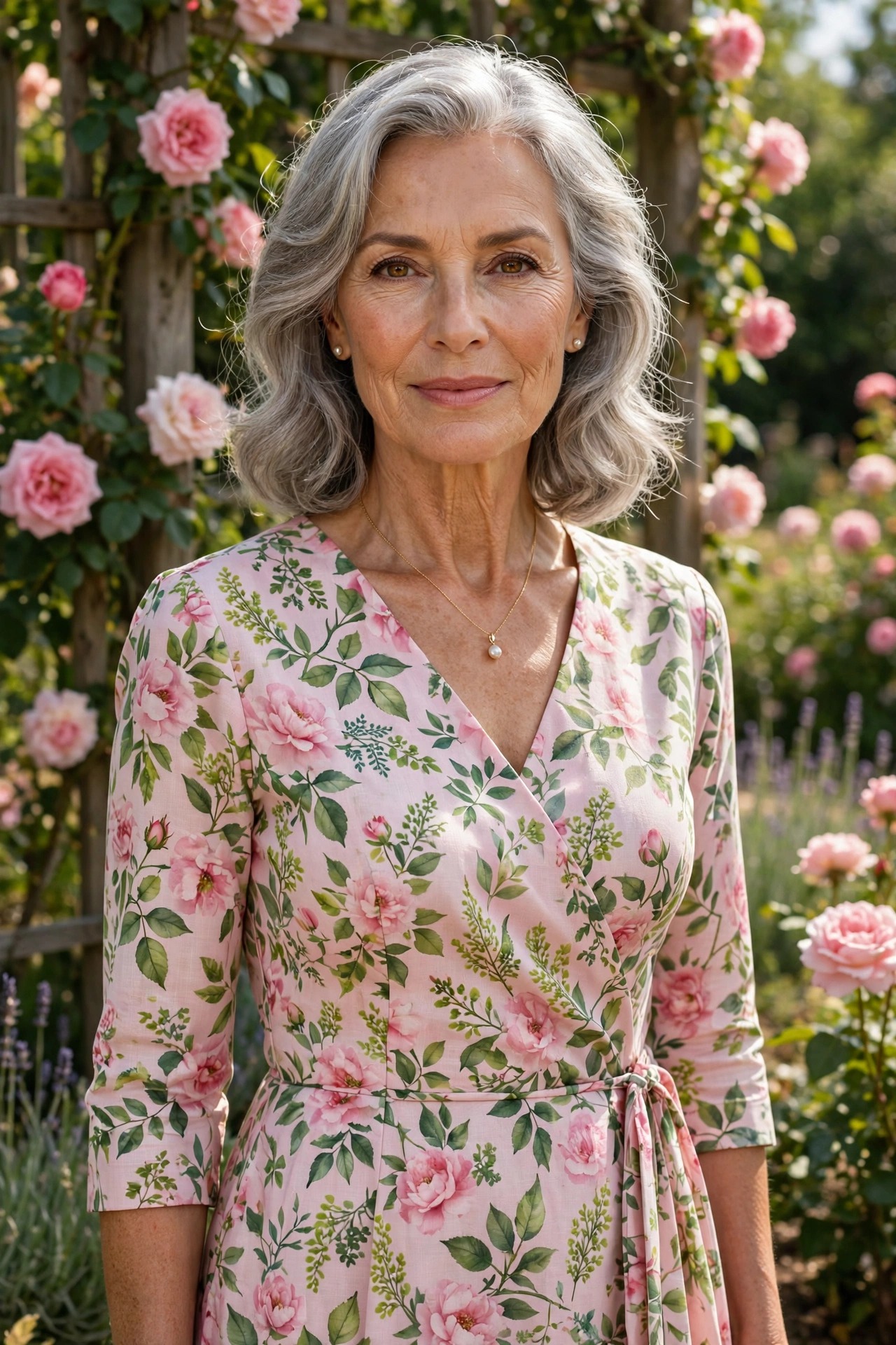 Woman in her 60s wearing a pink and green floral tea dress in a rose garden