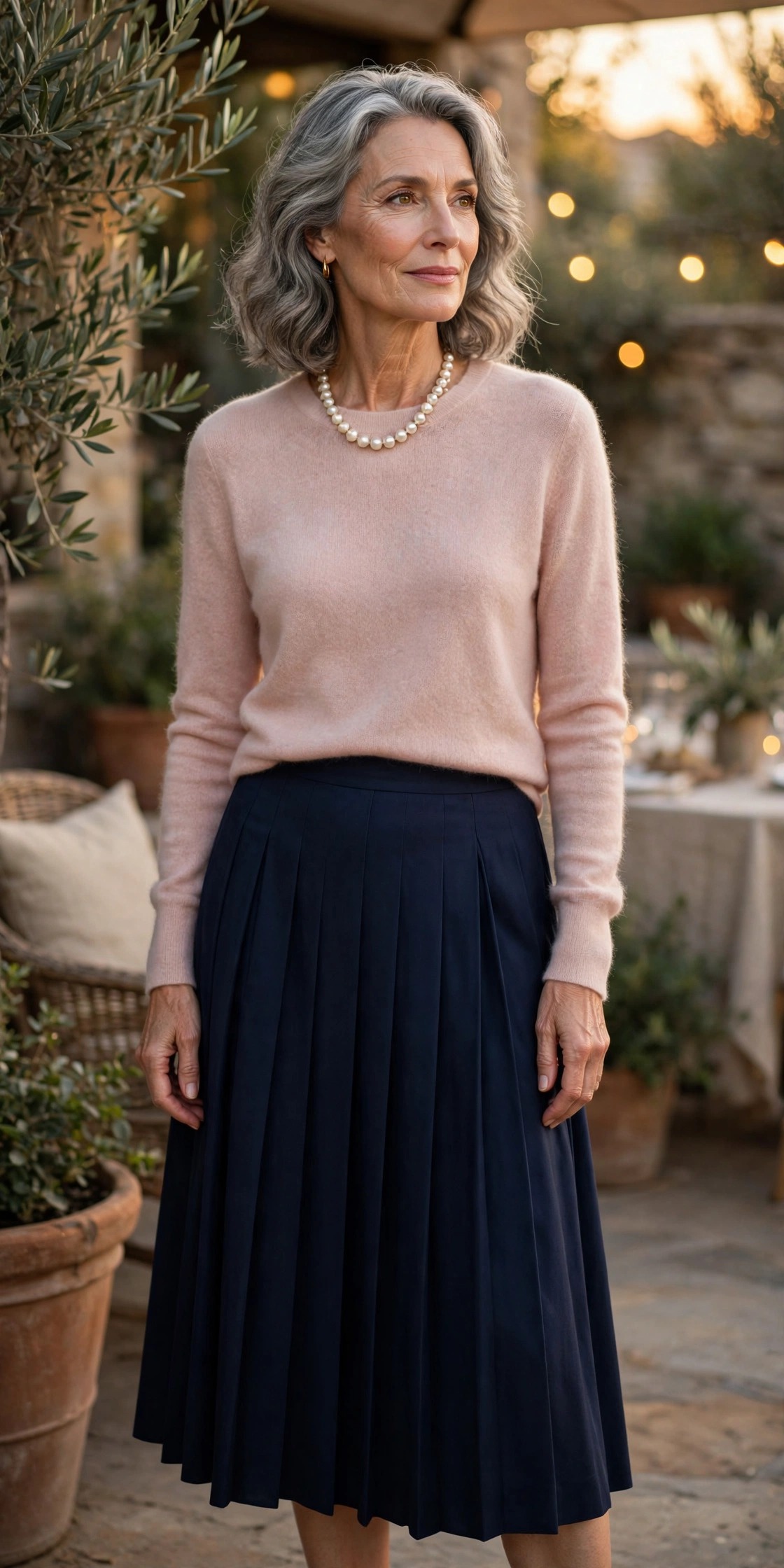 Woman in her 60s in a navy pleated midi skirt and blush cashmere sweater