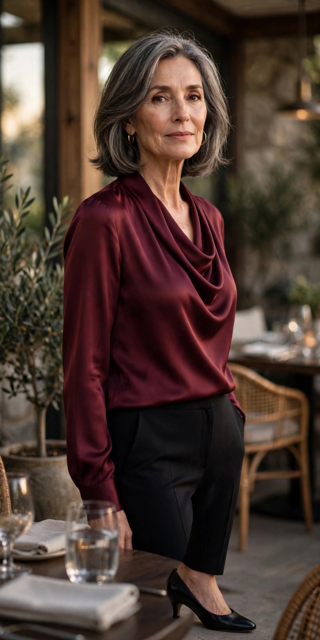 Woman in her 60s wearing a burgundy satin blouse and black trousers at a restaurant