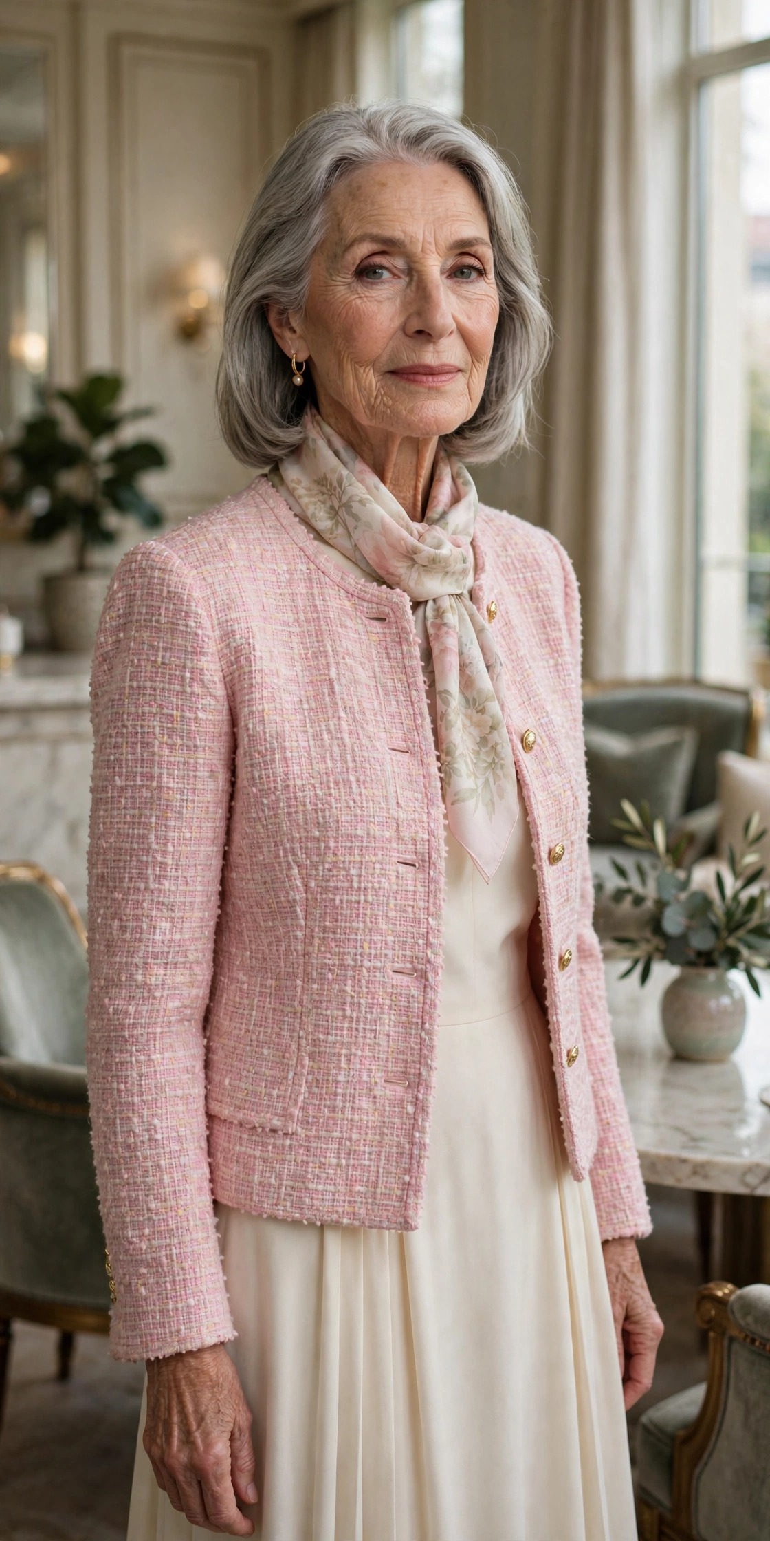 Woman in her 70s in a pastel pink tweed jacket over a cream midi dress