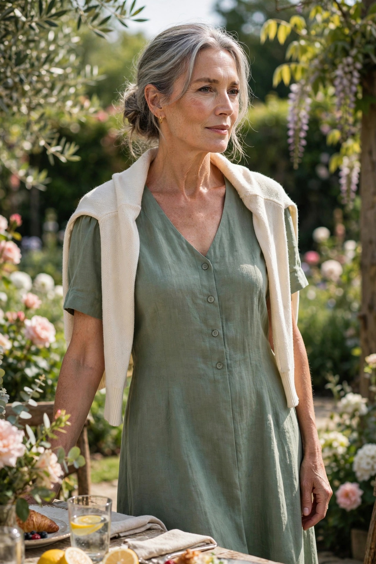Woman in her 60s wearing a sage linen midi dress with a cream cardigan