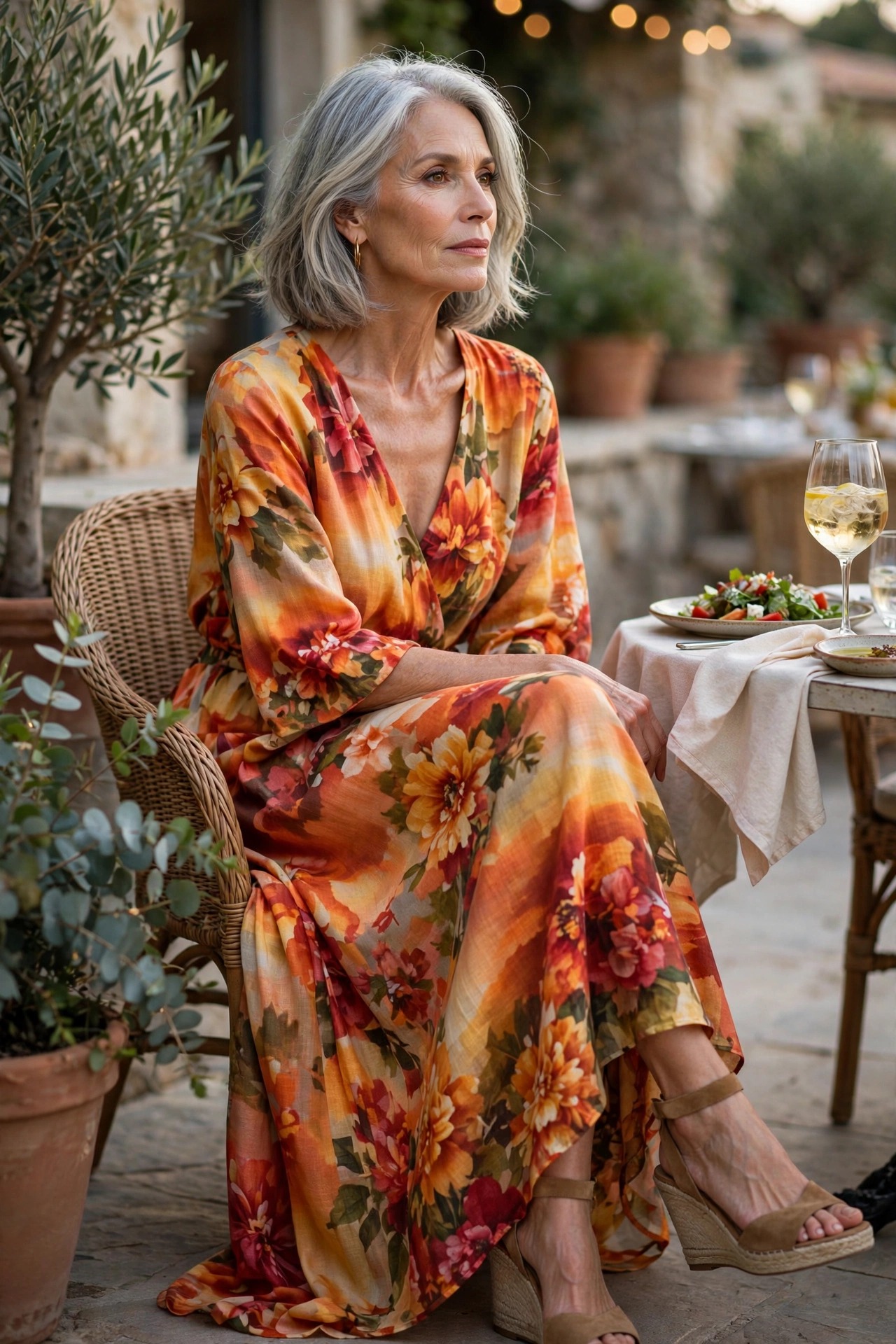 Woman in her 60s in a bold sunset-print maxi dress on a terrace