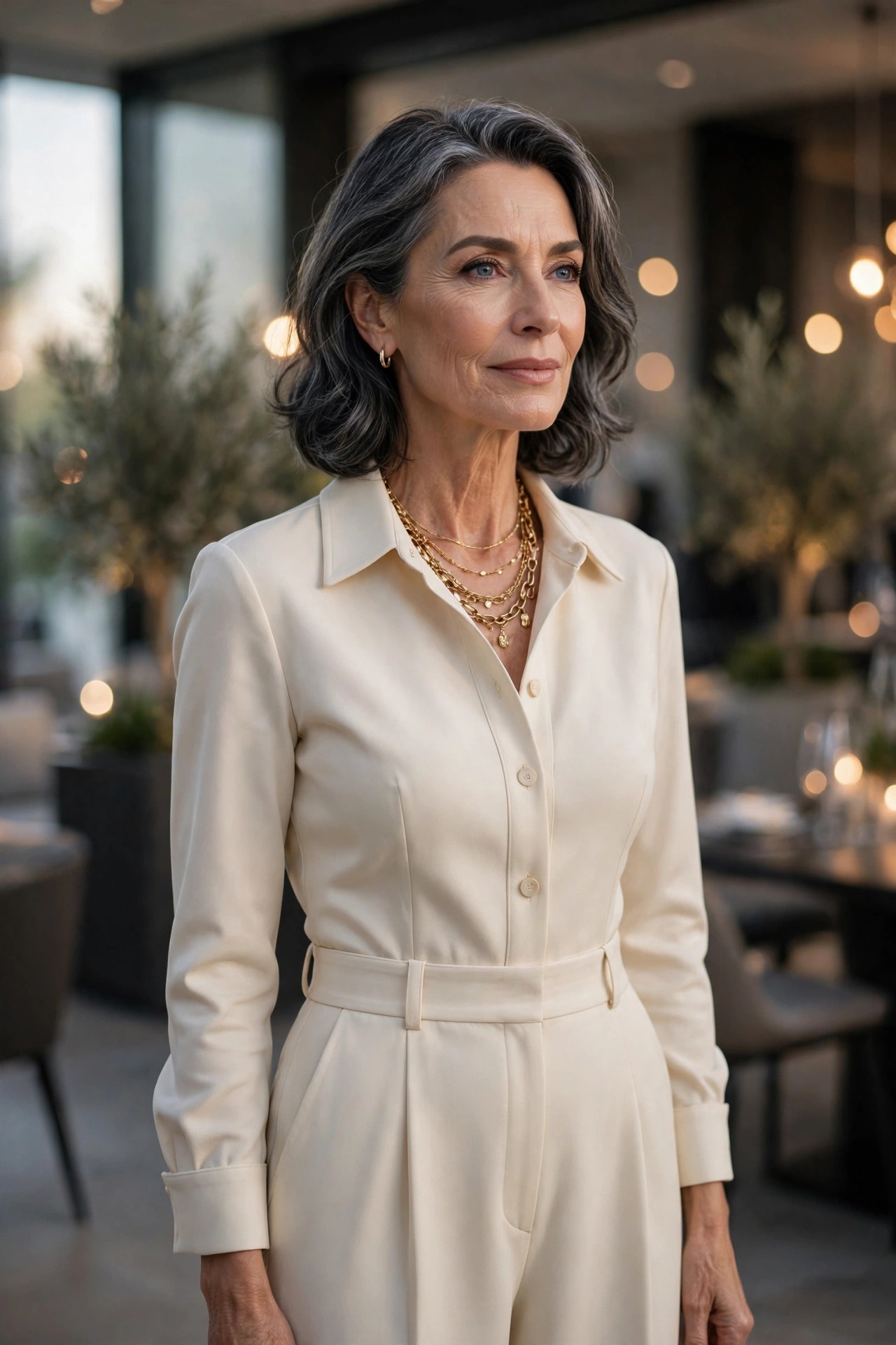 Woman in her 60s wearing a cream tailored jumpsuit with layered gold necklaces