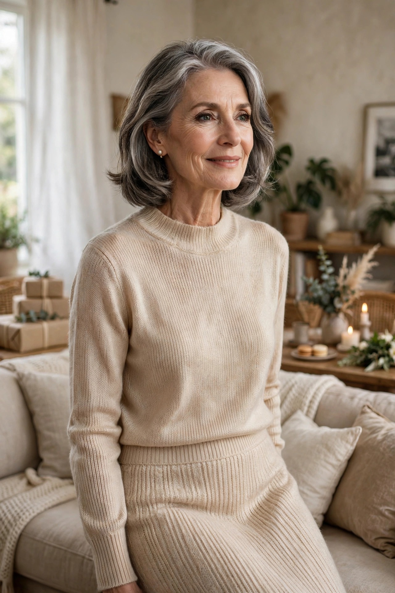 Woman in her 60s in a champagne knit top and matching midi skirt