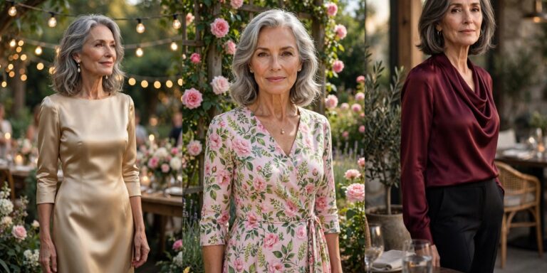 70th birthday party outfit ideas for women over 60: champagne dress, floral tea dress, burgundy blouse