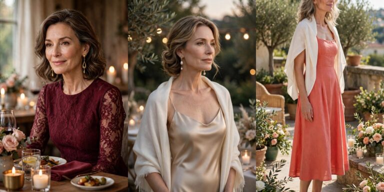 Anniversary party outfit ideas for women over 50: burgundy lace, champagne slip dress, coral sundress