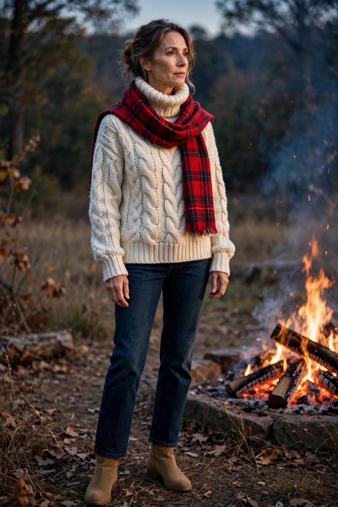 Woman over 50 in cream cable-knit turtleneck, dark jeans, tan suede boots and red plaid scarf by a bonfire