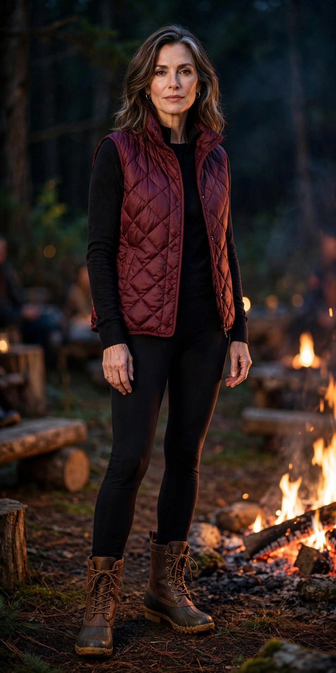 Woman over 50 in burgundy quilted puffer vest, black thermals, leggings and duck boots at a night bonfire