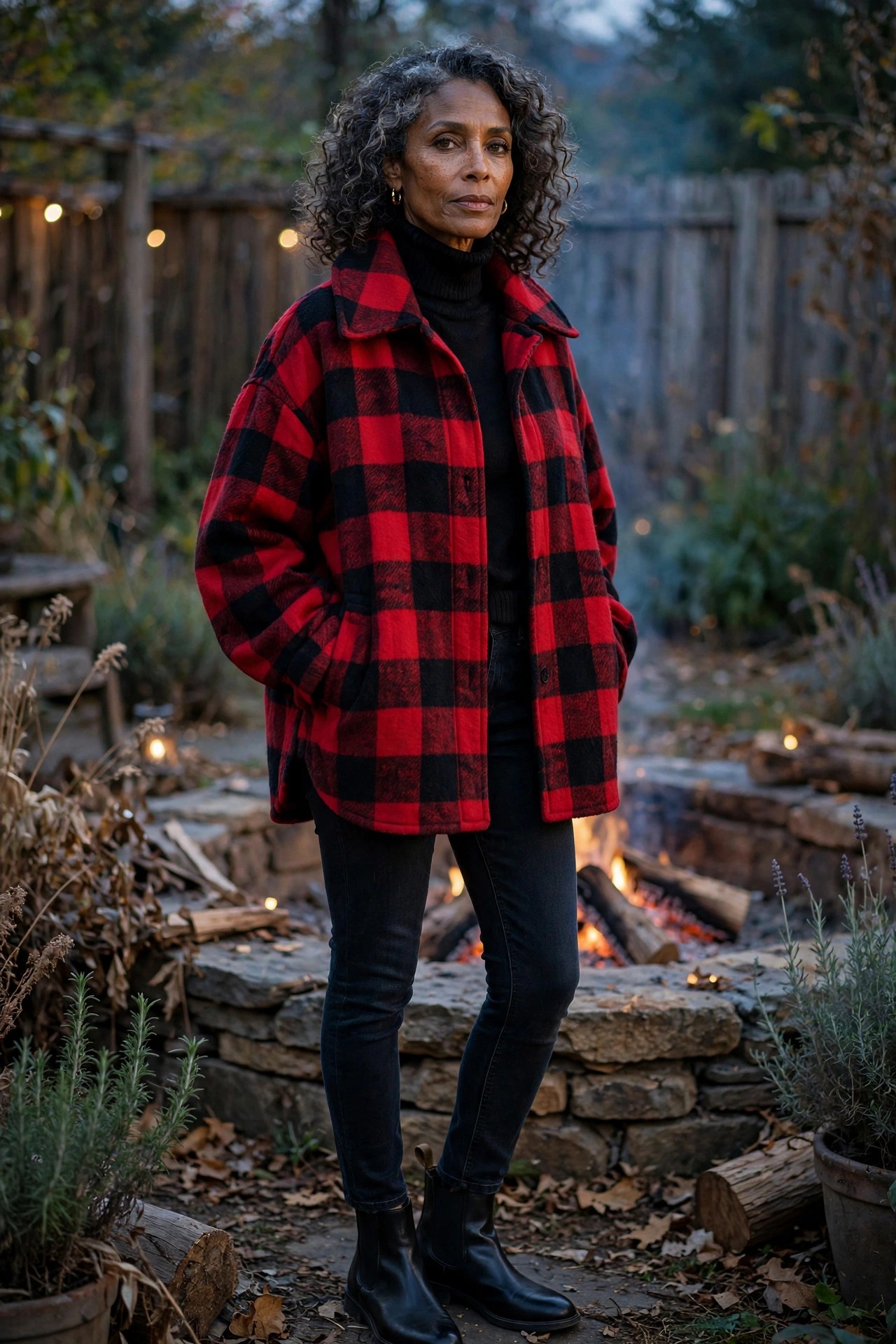 Woman over 50 in red-black plaid shacket, black turtleneck, skinny jeans and Chelsea boots at a fire pit