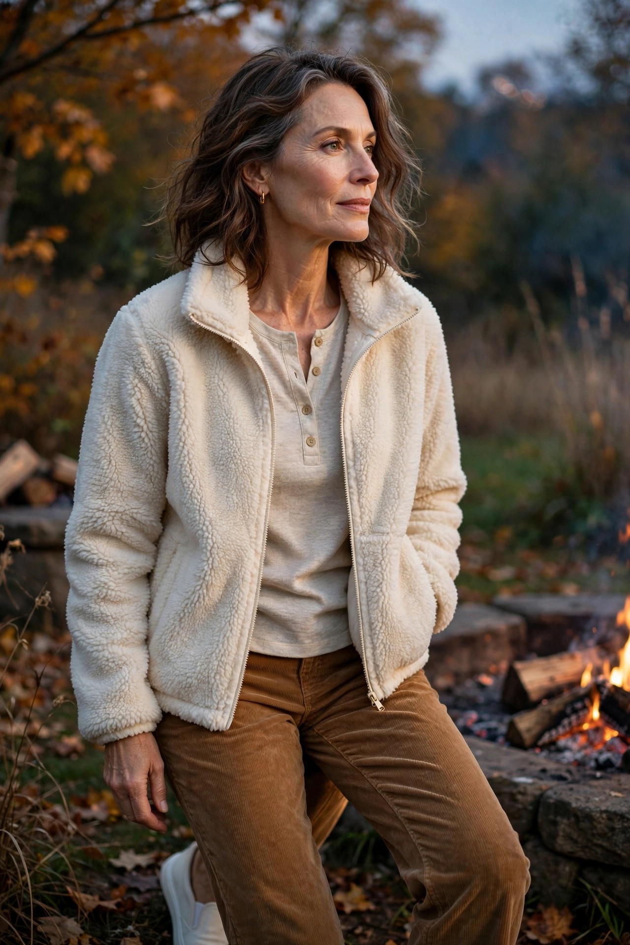 Woman over 50 in cream teddy fleece jacket, oatmeal henley, caramel corduroys and white sneakers outdoors