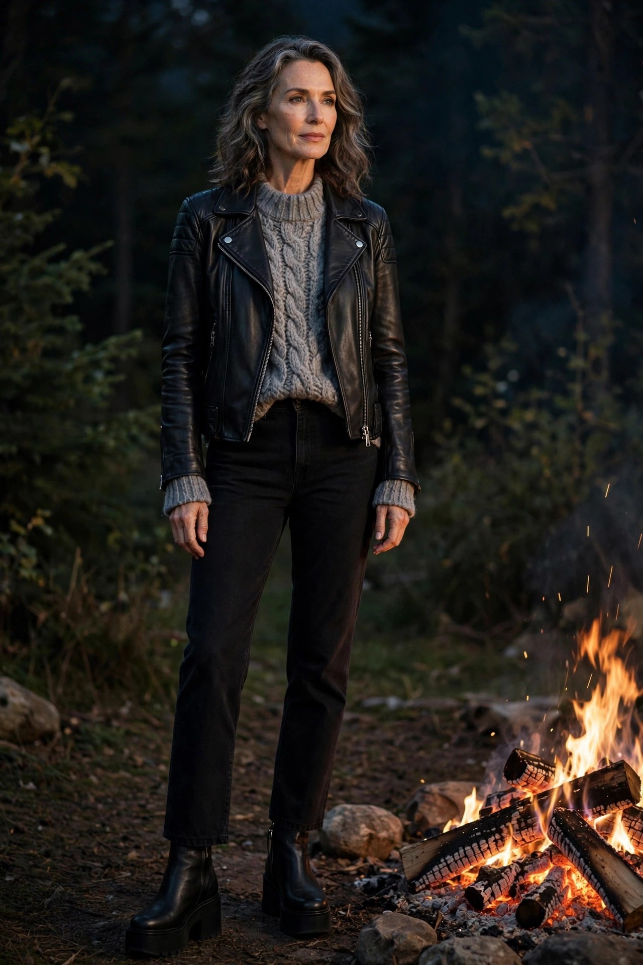 Woman over 50 in black leather moto jacket, gray chunky knit, black jeans and platform boots by bonfire
