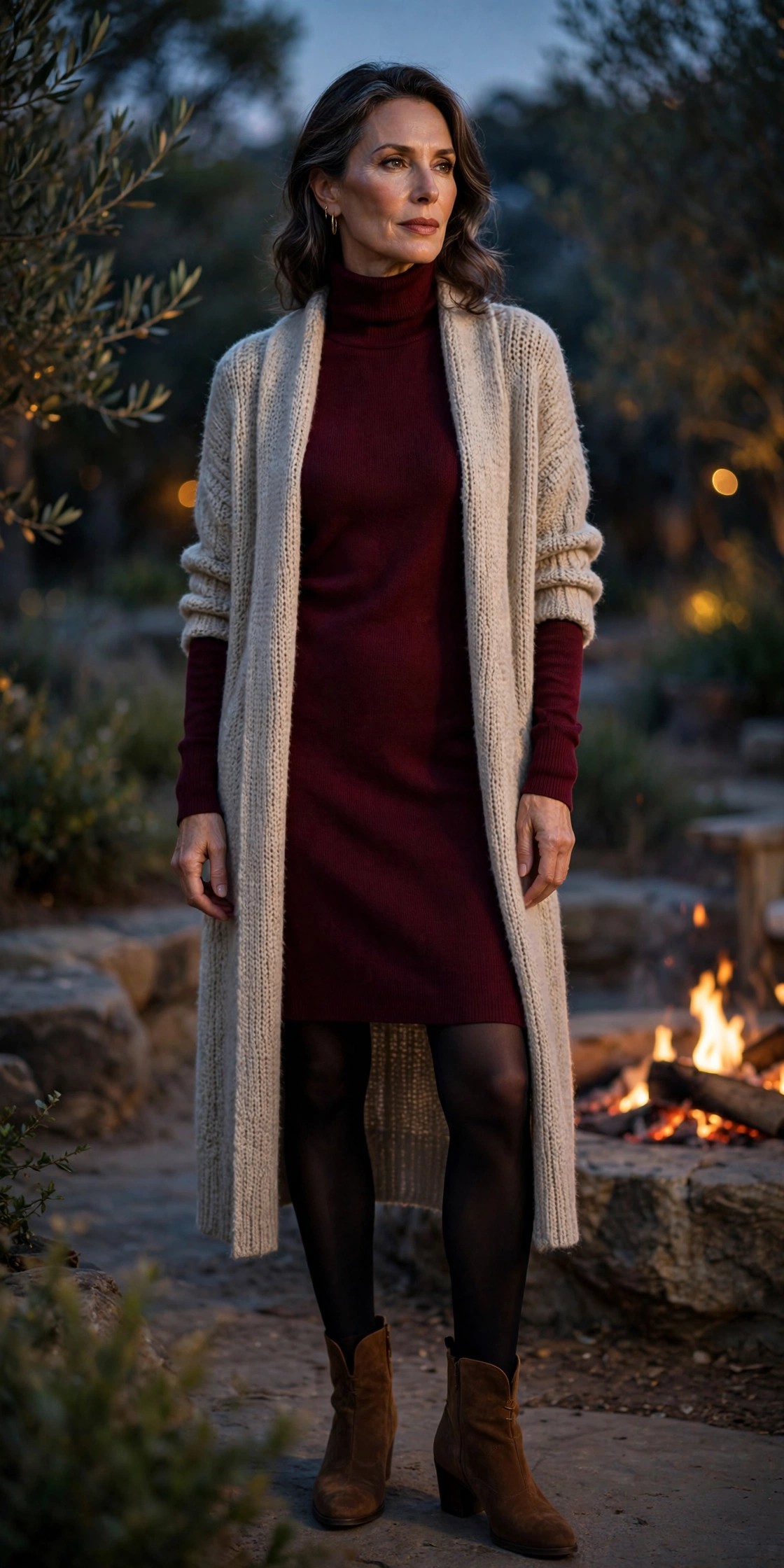 Woman over 50 in burgundy sweater dress, oatmeal long cardigan, black tights and brown ankle boots